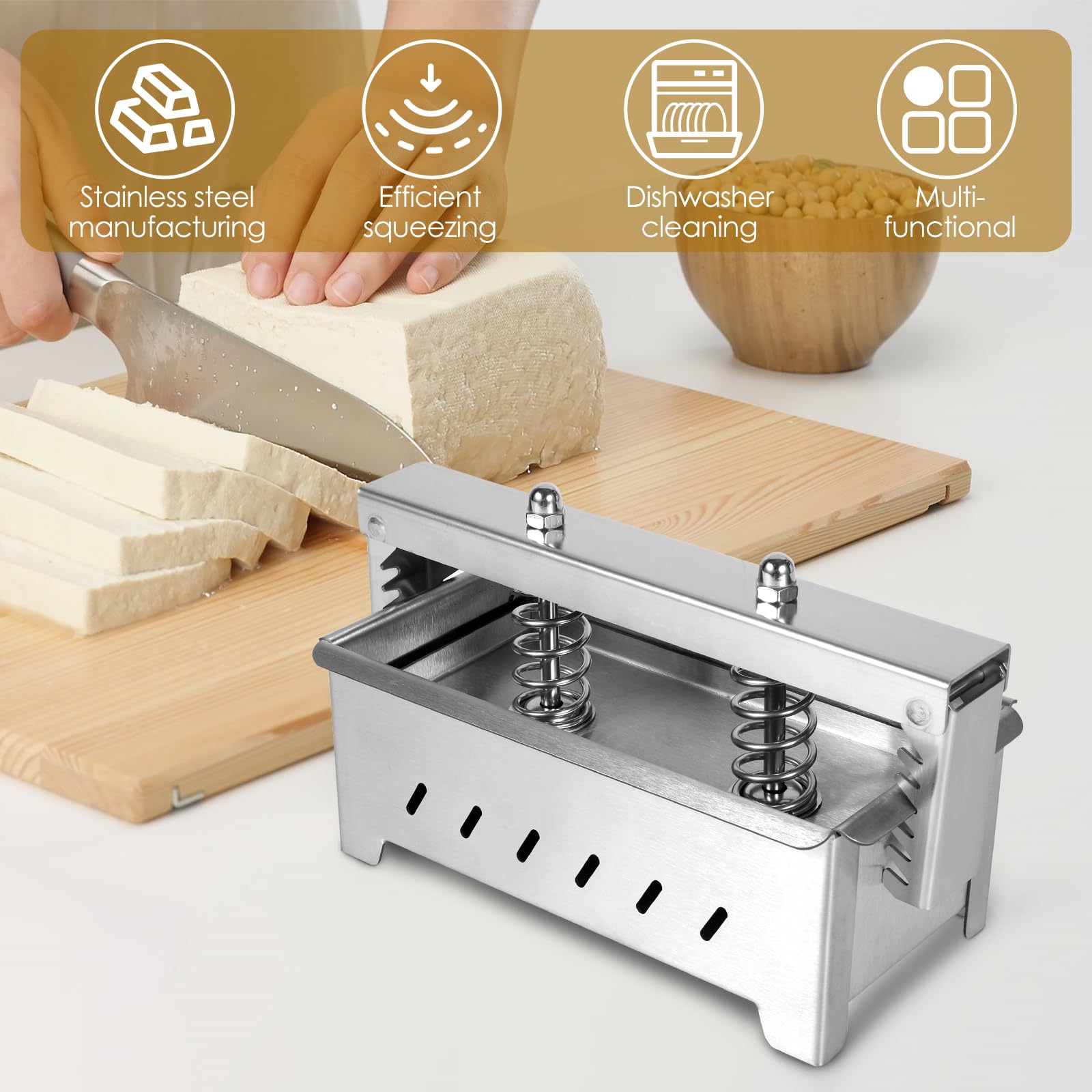 Prasa do tofu ze stali nierdzewnej, 21 x 10,5 x 8,5 cm, z regulowanym naciskiem i ściereczką 60 x 60 cm, duża siła dźwigni dzięki sprężynie dynamometrycznej, rowki odpływowe, nadaje się również