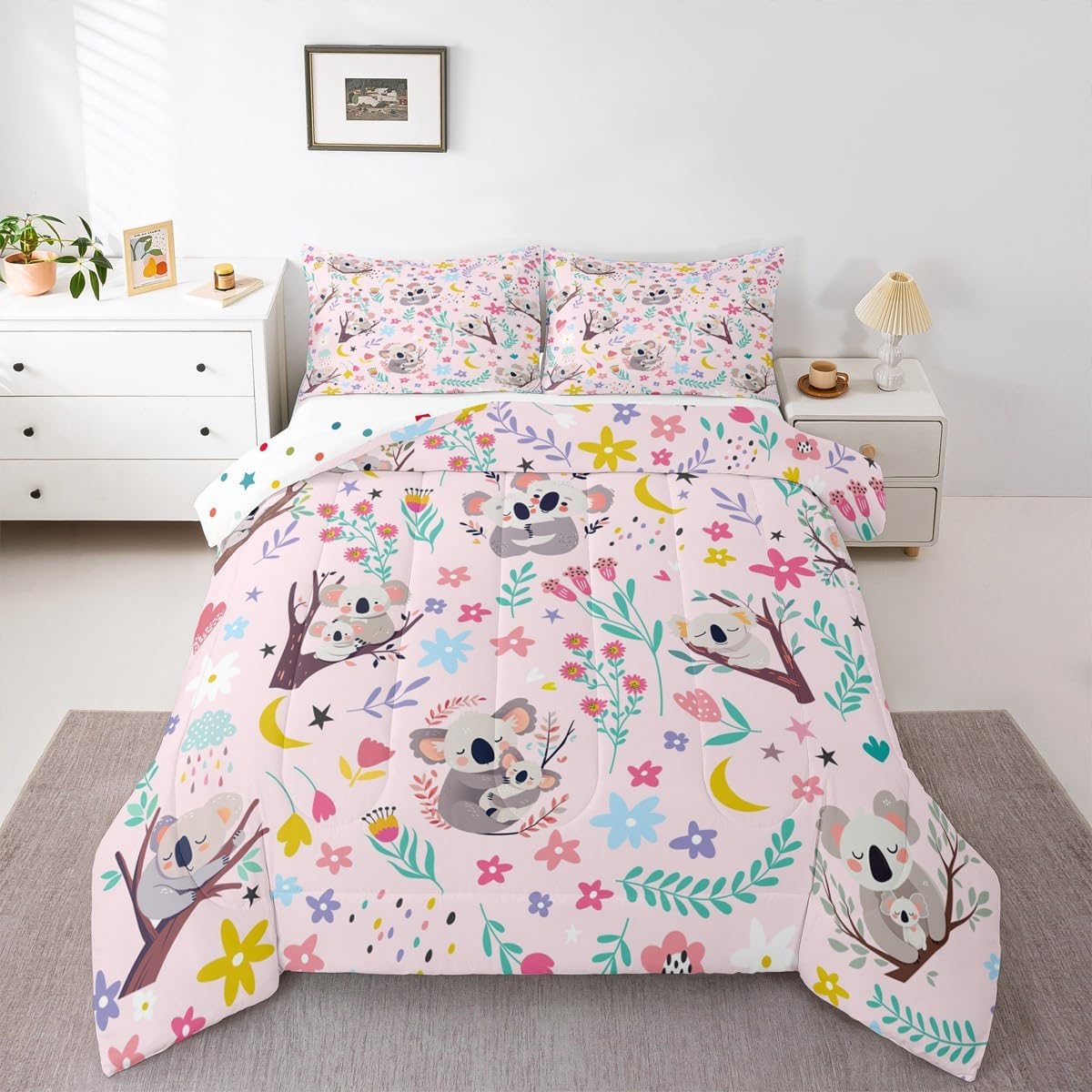 Erosebridal Floral Koala Girls Toddler Bedding Set for Kids Baby Pink Jungle Animal Comforter Spring Botanical Cartoon Floral Flower Duvet Insert Dreamy Fantasy Girly Preppy Cute Bed Sets