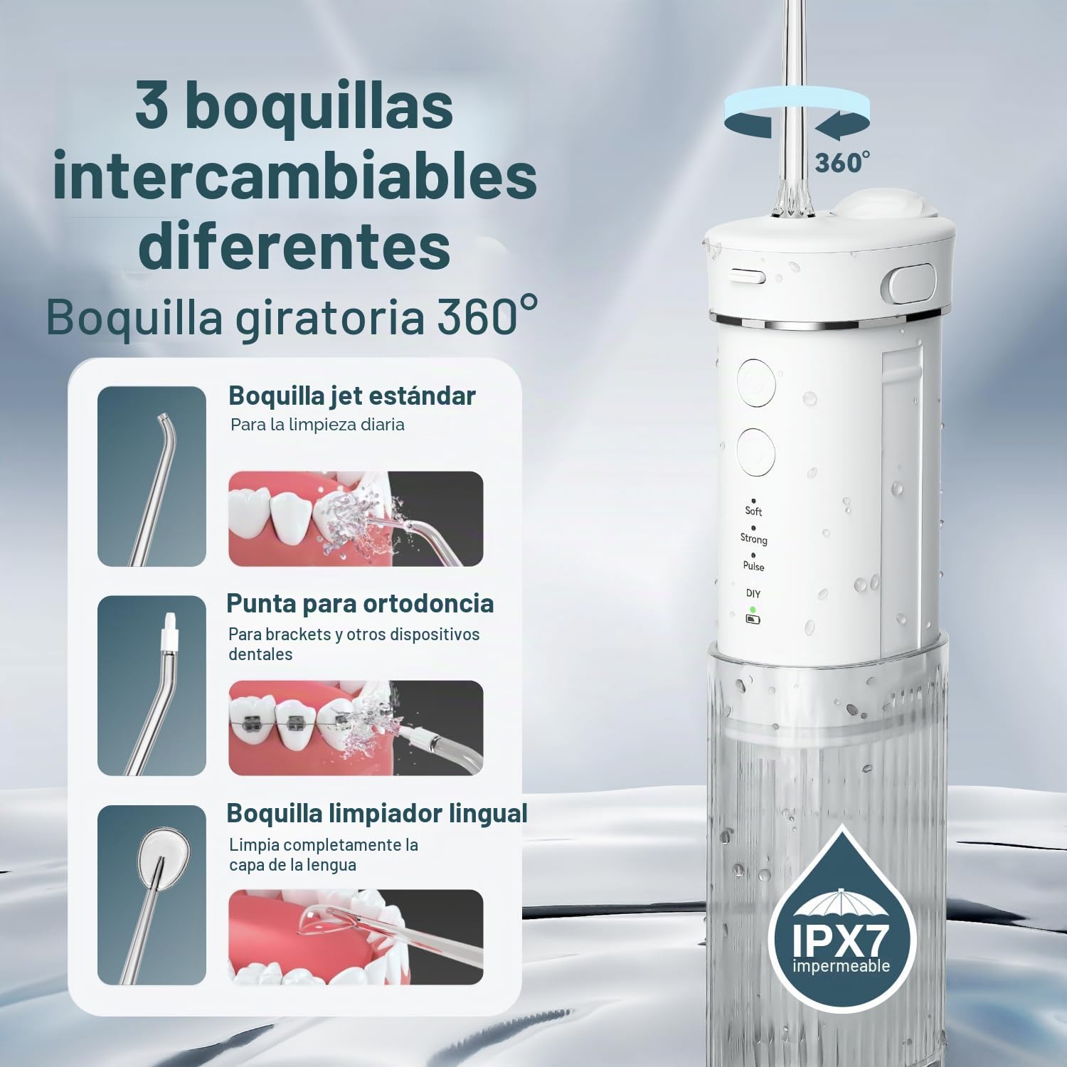 JTF Irrigador Bucal Mini, Portátil Dental Limpieza Eléctrica Inalámbrico Viaje con 5 Boquillas, 4 Modos de Pulso, 230 ML Depósito de Agua Retráctil, IPX7 Resistente Al Agua (Blanco)