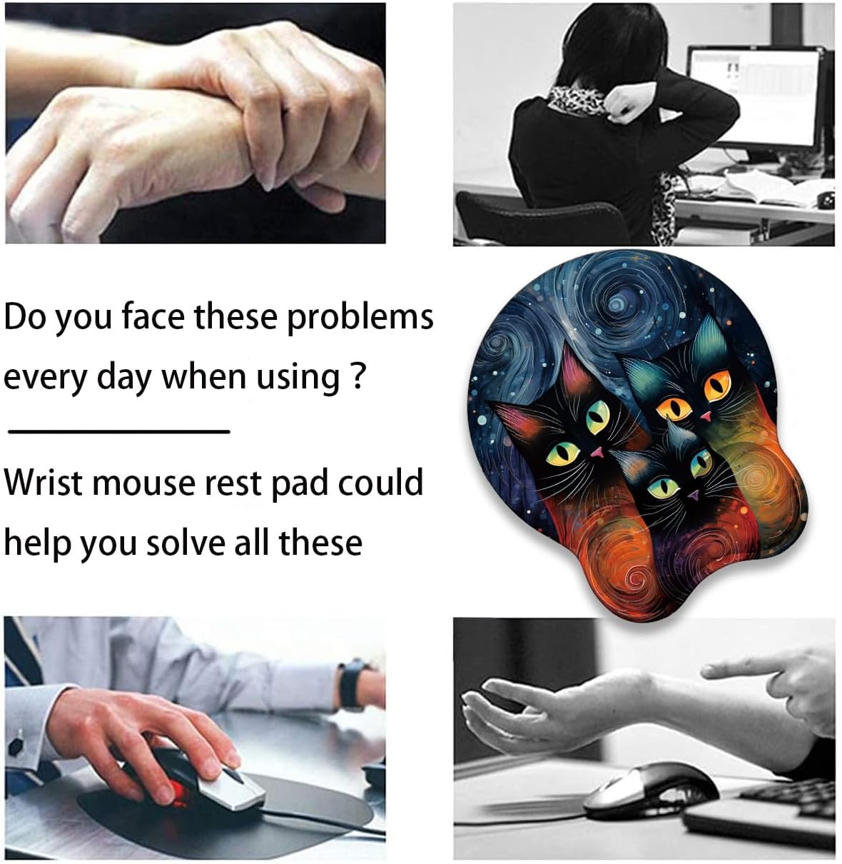 Mouse Wrist Rest and Keyboard Wrist Rest Pad+ Coaster Set, Non-Slip Rubber Base Smooth Surface Ergonomic Gaming Mouse Pad for Easy Typing and Pain Relief, Moon Cat