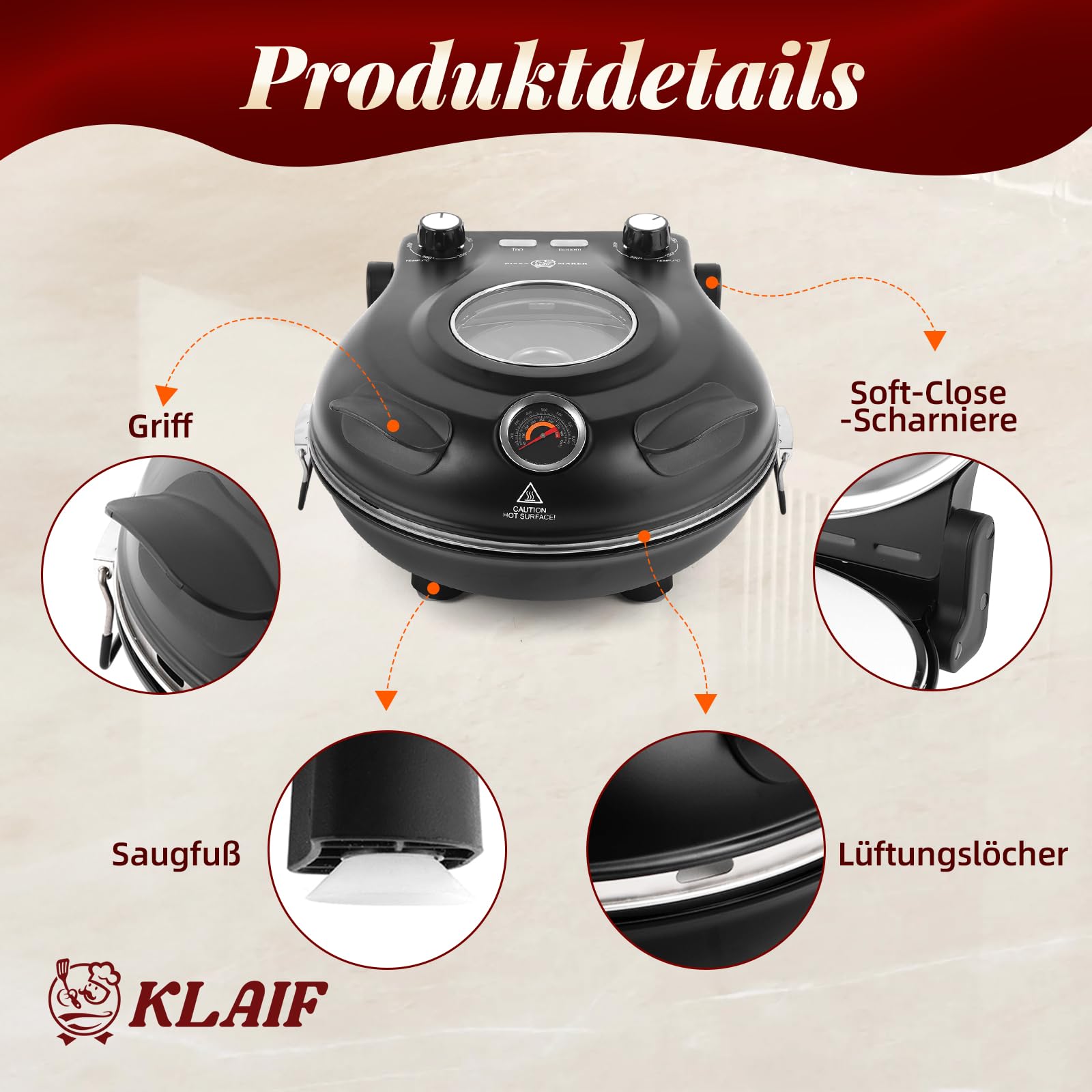 KLAIF Elektrischer Pizzaofen 420 °C, separat regelbare Ober- und Unterhitze, 31 cm Keramik-Pizzastein, inkl. 4-teiligem Pizzazubehör-Set, 1200 W, Modell LMC-Schwarz