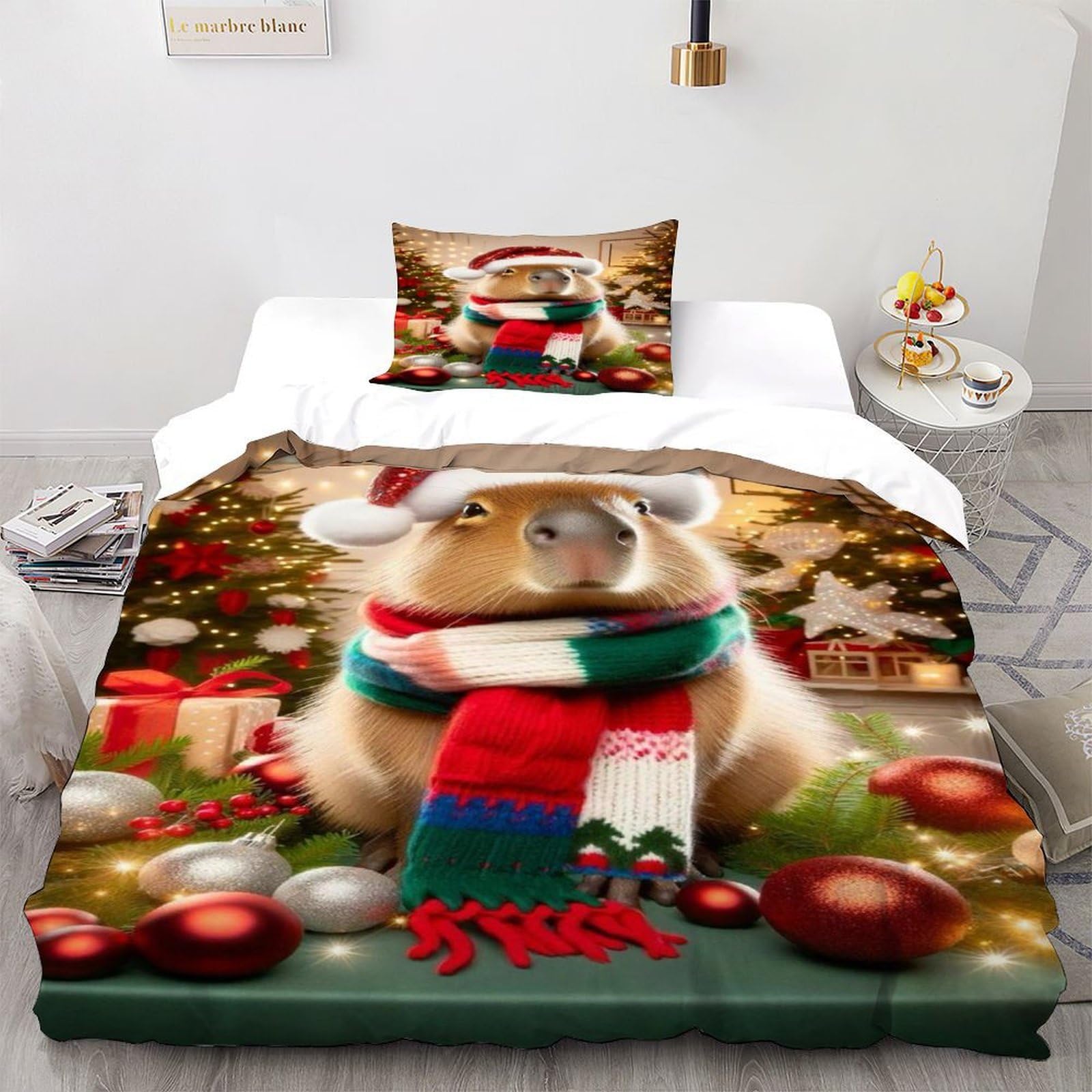 Capybara Christmas Bedding Set 3D Digital Printing Animal Themes Wildlife Duvet Cover Set 2 Pieces Chic Breathable for Boys & Girls Bed Set Pillowcase Single（135x200cm）