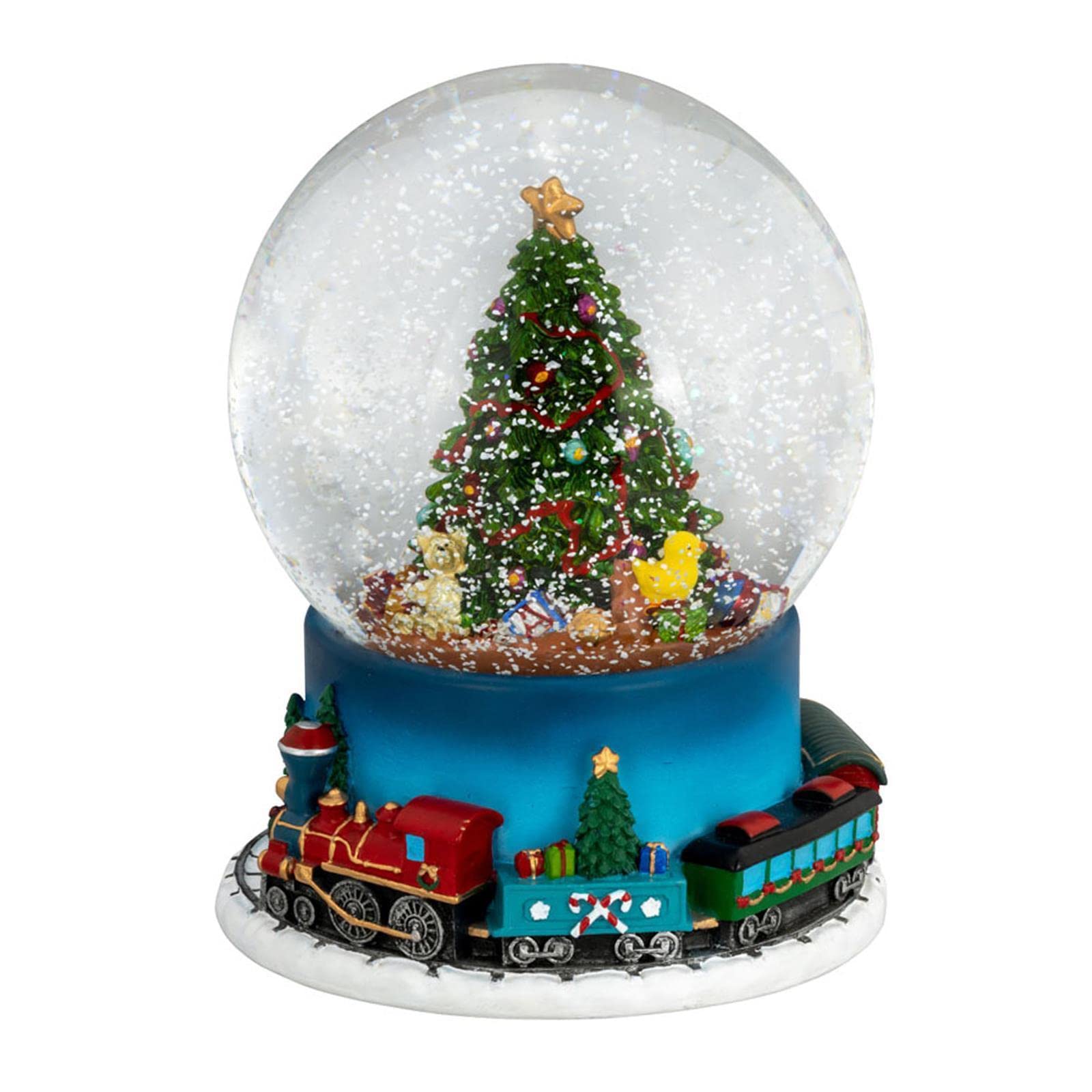Spieluhr White Christmas - Große Glas Schnee-Kugel Ø 10 cm mit Buntem Weihnachtsbaum & Zug - Chrismas Deko Schüttelkugel - Traumkugel für Winter & Weihnachten