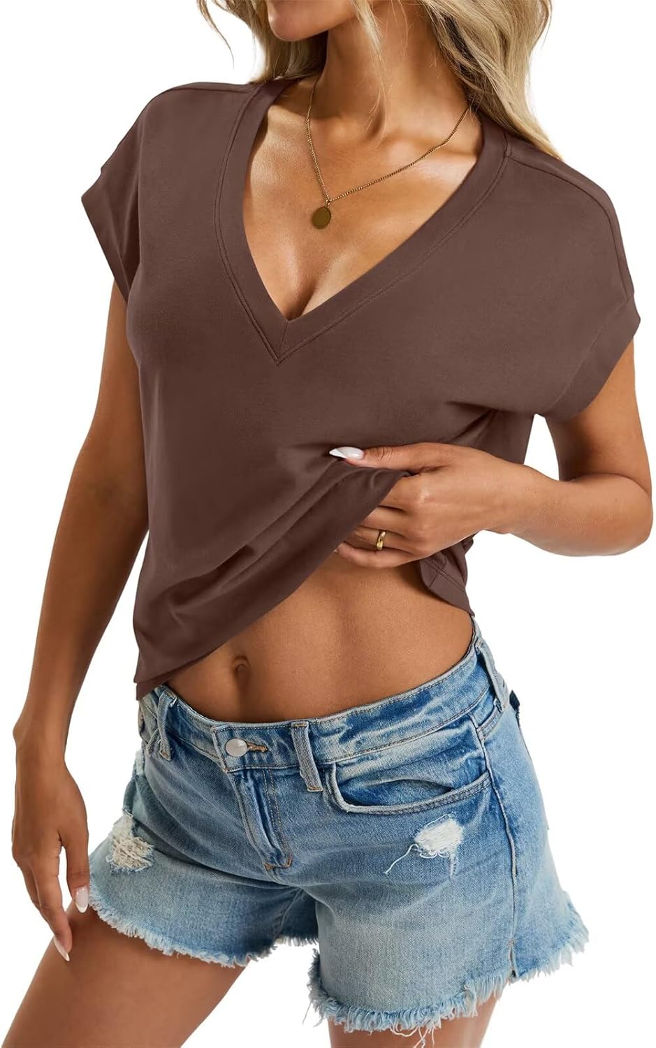 Womens Cap Sleeve Crop Tops Cotton V Neck T Shirt Boxy Loose Fit Short Sleeves Tee Summer Fashion Clothes 2026 - Image 3