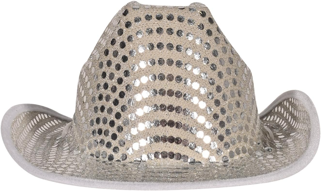 Beistle Silver Sequined Cowboy Hat – Western Party Hat with Adjustable Chin Strap, Sparkling Costume Headwear Accessory, Wearable for Country Events, Rodeos, Bachelorette Parties, and Festivals