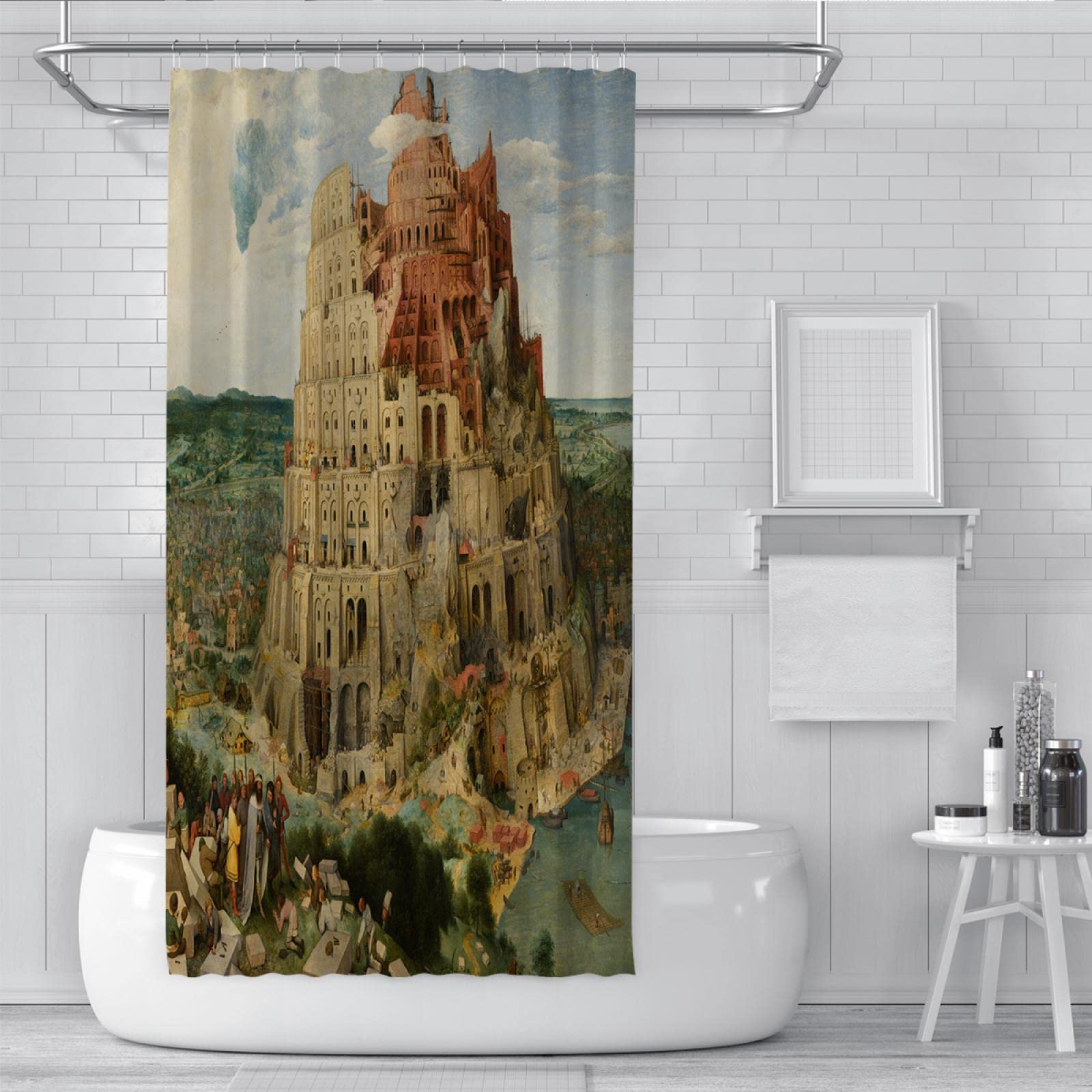 Zasłona prysznicowa w stylu vintage, szybkoschnąca tkanina poliestrowa, zestaw zasłon łazienkowych z haczykami, Wieża Babel, Pieter Bruegel Starszy, 72 szer. x 72 dł