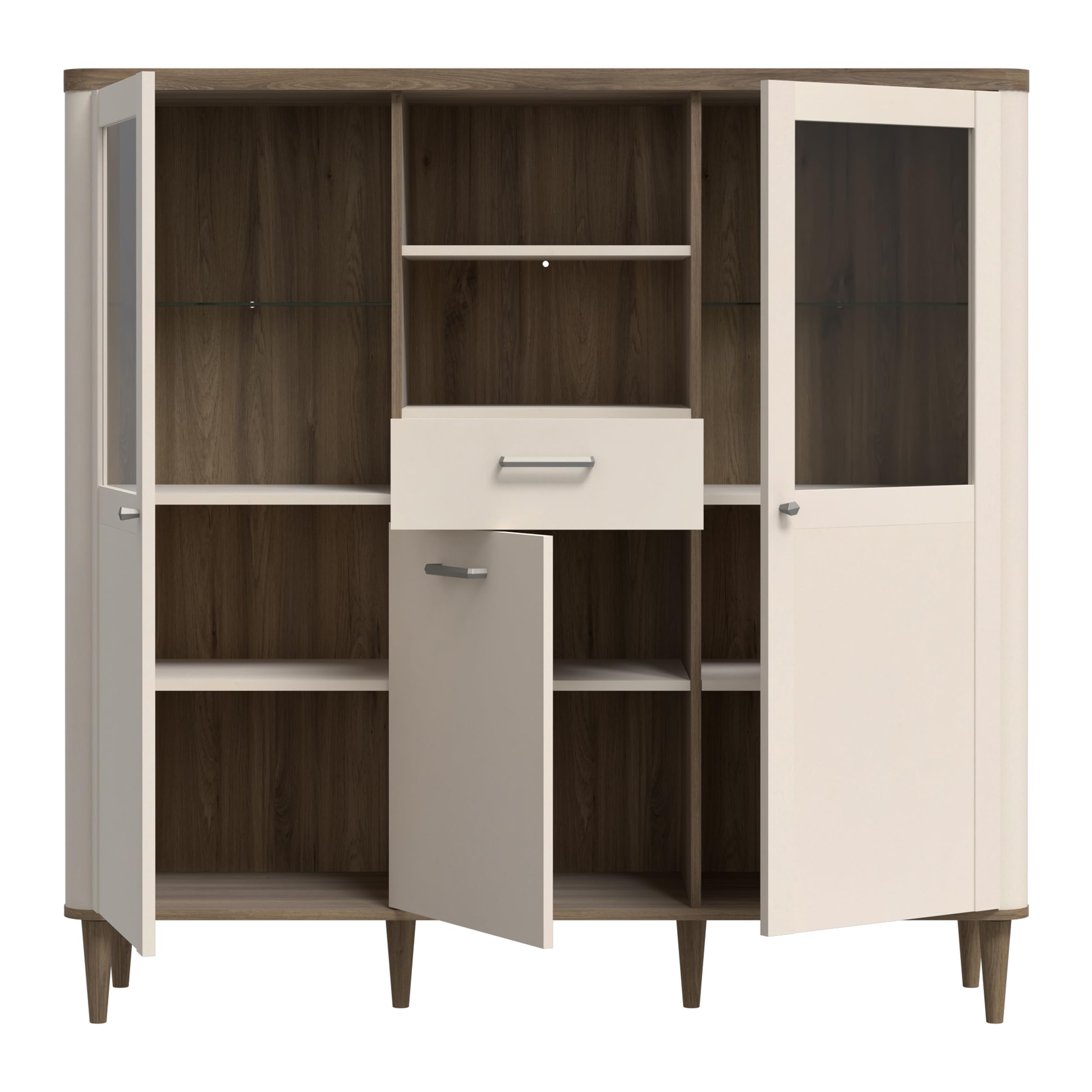 Forte LACETTI Highboardvitrine 150, Moderne Wohnzimmervitrine mit Skandi Lamellen Design, 3-türig, 1 Schublade, Kaschmir|Beige|Valencia Eiche Holzdekor, 144,8 cm breit x 142,9 cm hoch x 41,2 cm tief