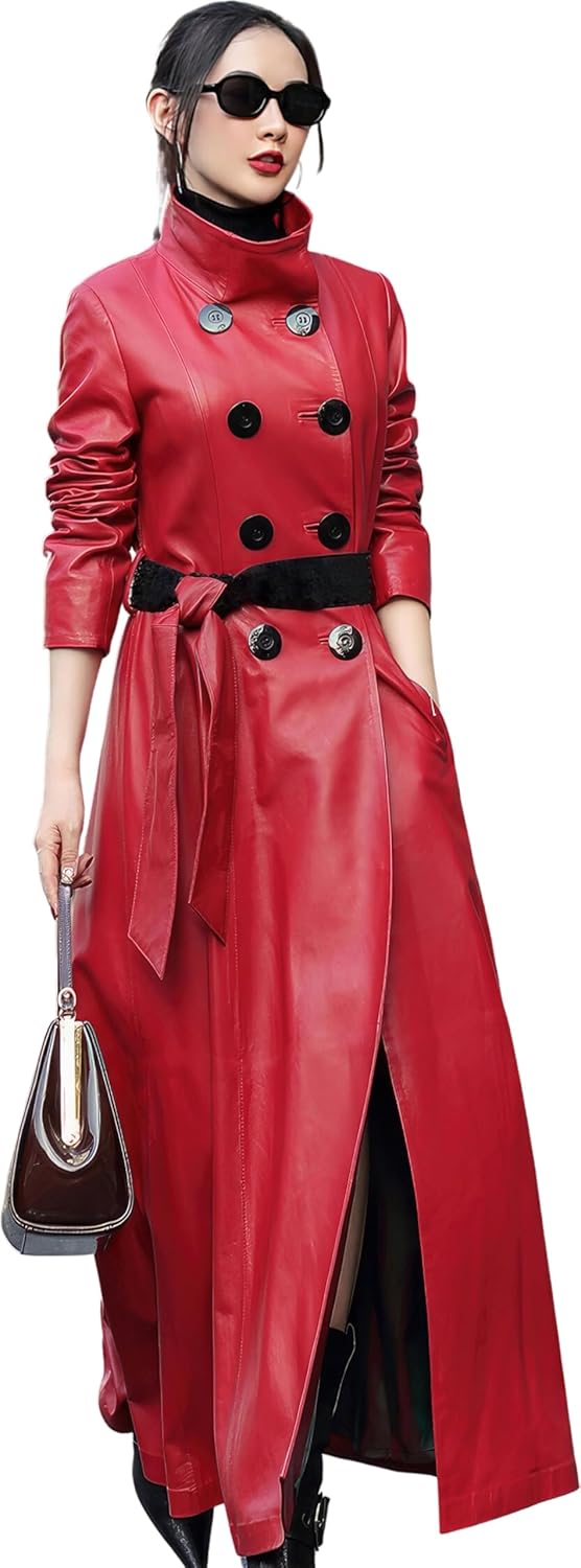 Genuine Sheepskin Leather Double Breasted Long Fashionable Maxi Belted Casual Style Red Trench Coat for Women