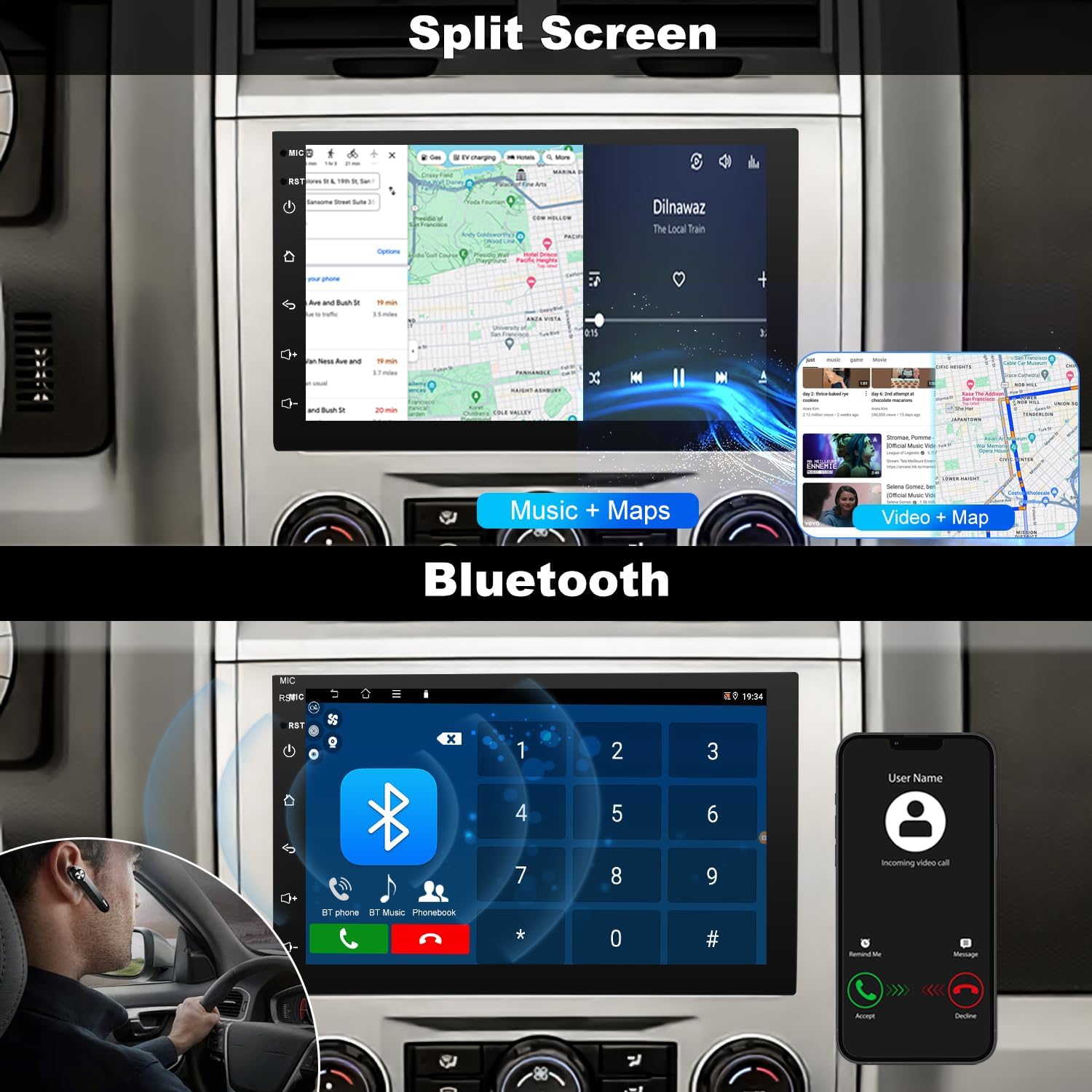 Car radio display showing the split screen feature, with navigation on one side and music playback on the other.