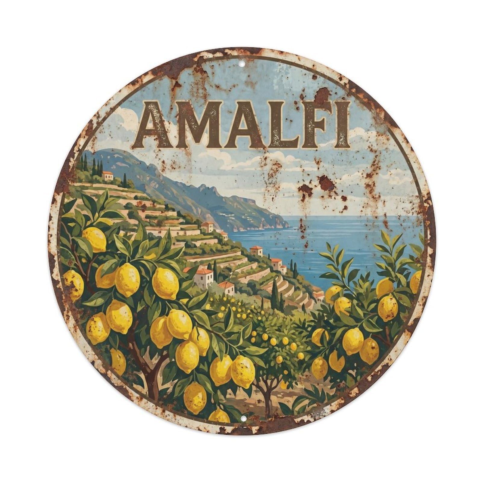 Italian Coast Lemon Grove Amalfi Classic Travel Holiday Metal Tin Sign Plaque Wall Decor for Cafe, Man Cave, Club Bar, Office, Home Garden Round Metal Poster 8x8Inch