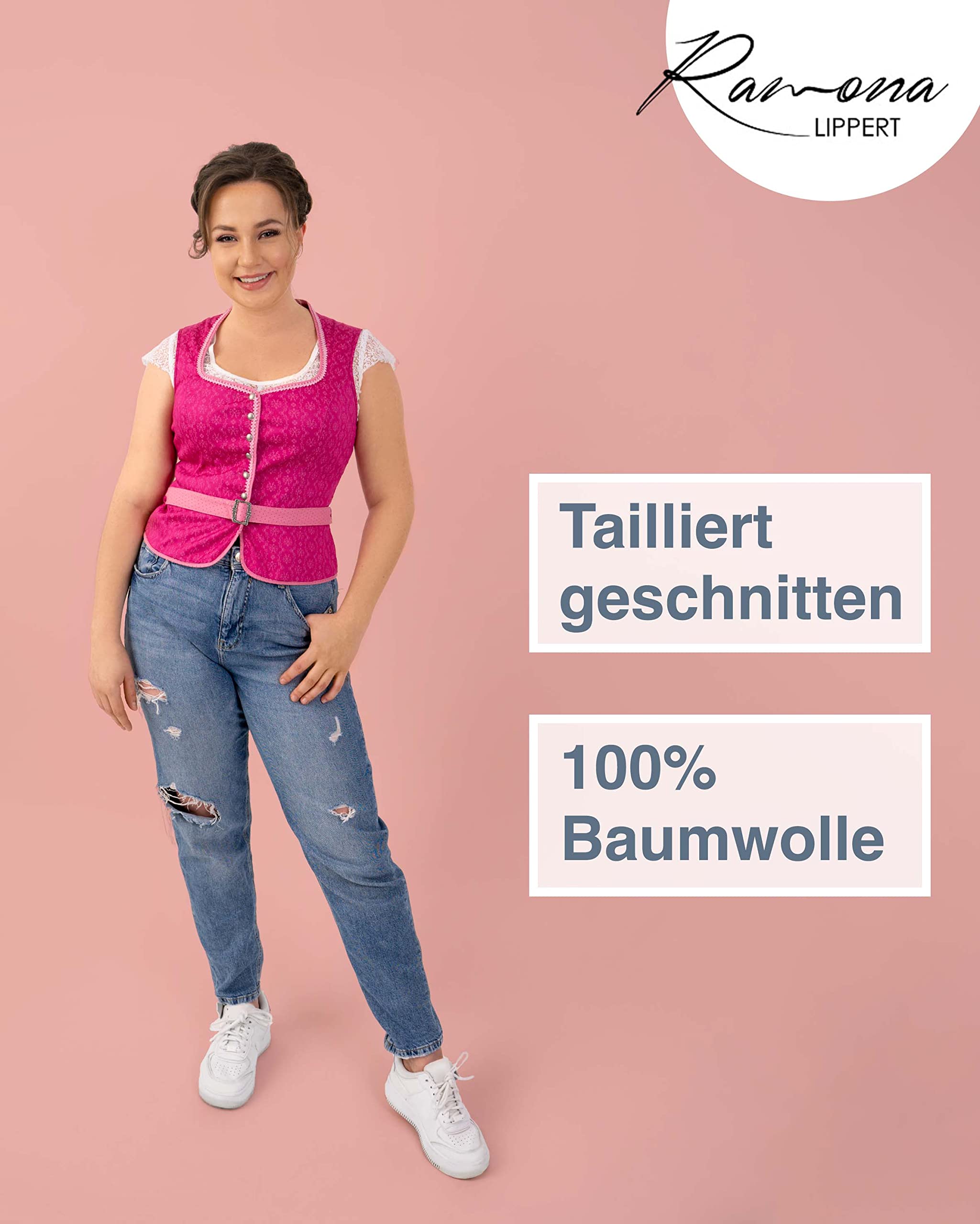 Ramona Lippert Trachtenmieder Damen Nicole pink, Spitzenborte, Gürtel