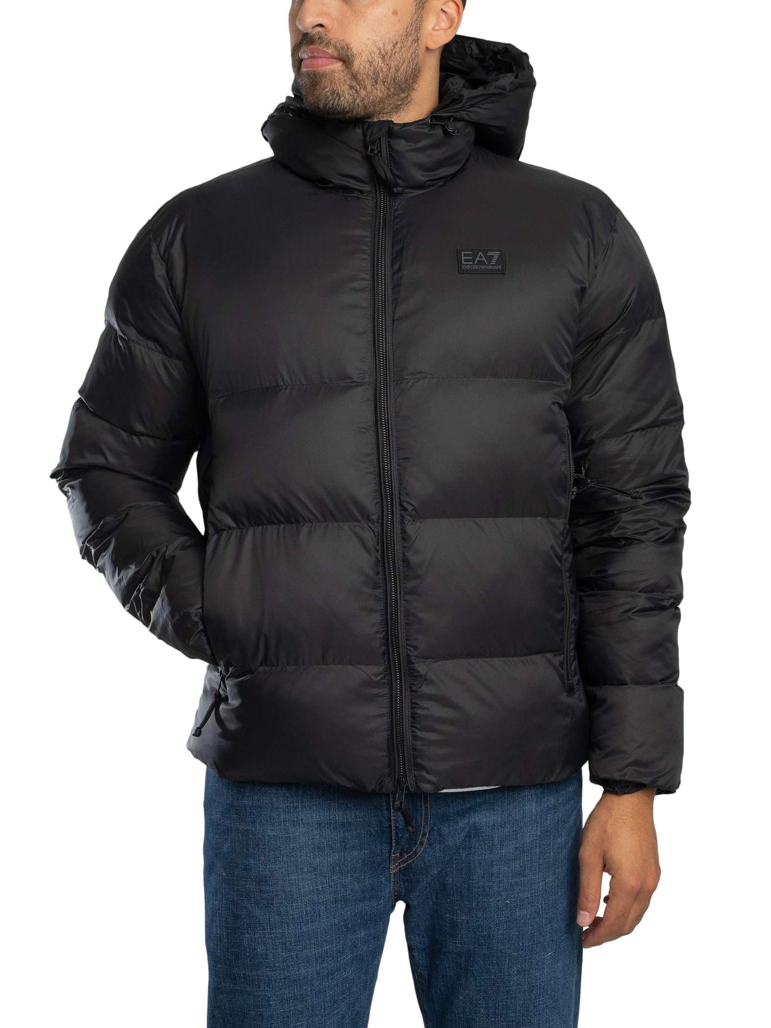 Ea7 Men's Black Technical Fabric Padded Jacket With Hood Medium