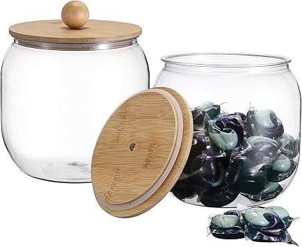 2-Pack Airtight Laundry Pod Containers, Clear Plastic with Bamboo Lids & Seal Rings, Cylindrical Detergent/Dishwasher Pod Storage Organizer for Laundry Room Kitchen Bathroom