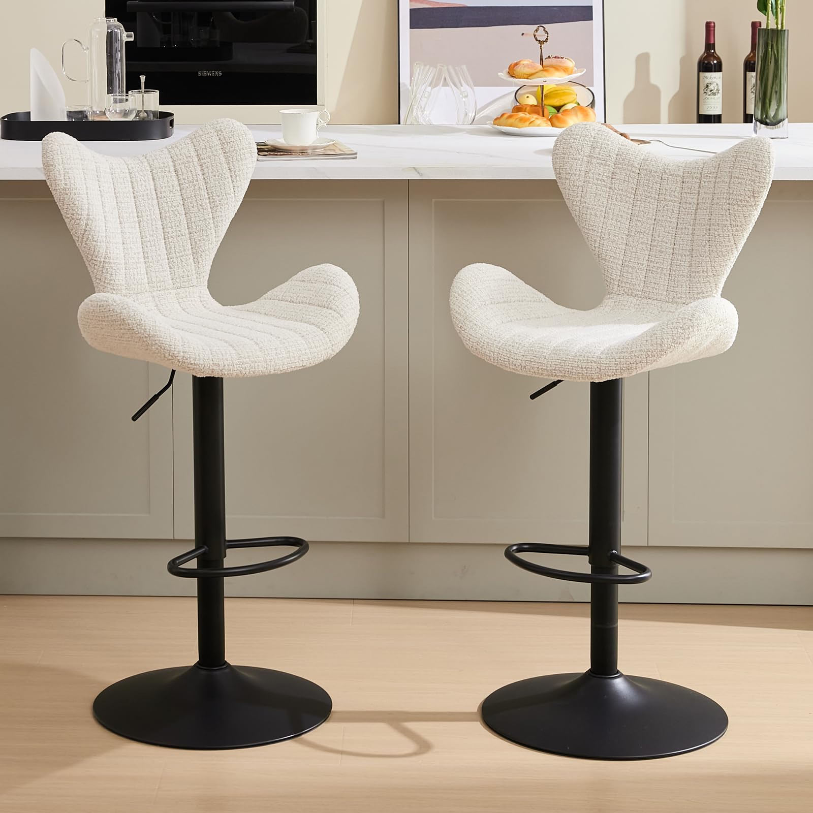 Juego de 2/4 Taburete Altos de Cocina Girotorio con Altura Ajustable, Taburete de Bar Moderno ​​Tejido de Chenille con L-Shape Respaldo y ​​Cojín Suave para Salon/Restaurante/Bar, Avena