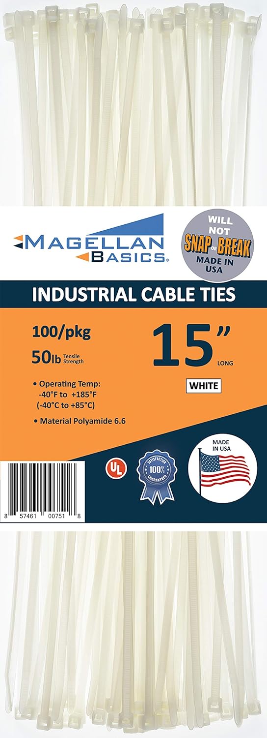 100 Pack Cable Zip Ties Heavy Duty"Made in the USA" 8 inch, White (Made in the USA will not Break or Snap)