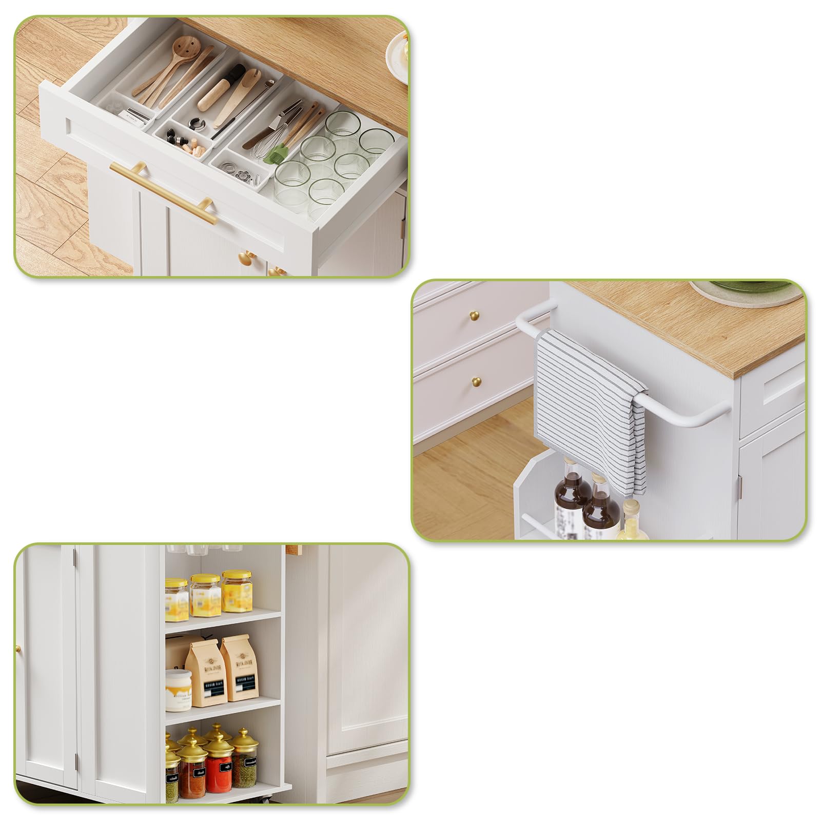 Kücheninsel mit Drop Leaf, Mobiler Küchenwagen mit Ladestation, 2 feststellbaren Rollen, verstellbarem Regal und Schublade, für kleine Räume, Weiß und Holzfarbe