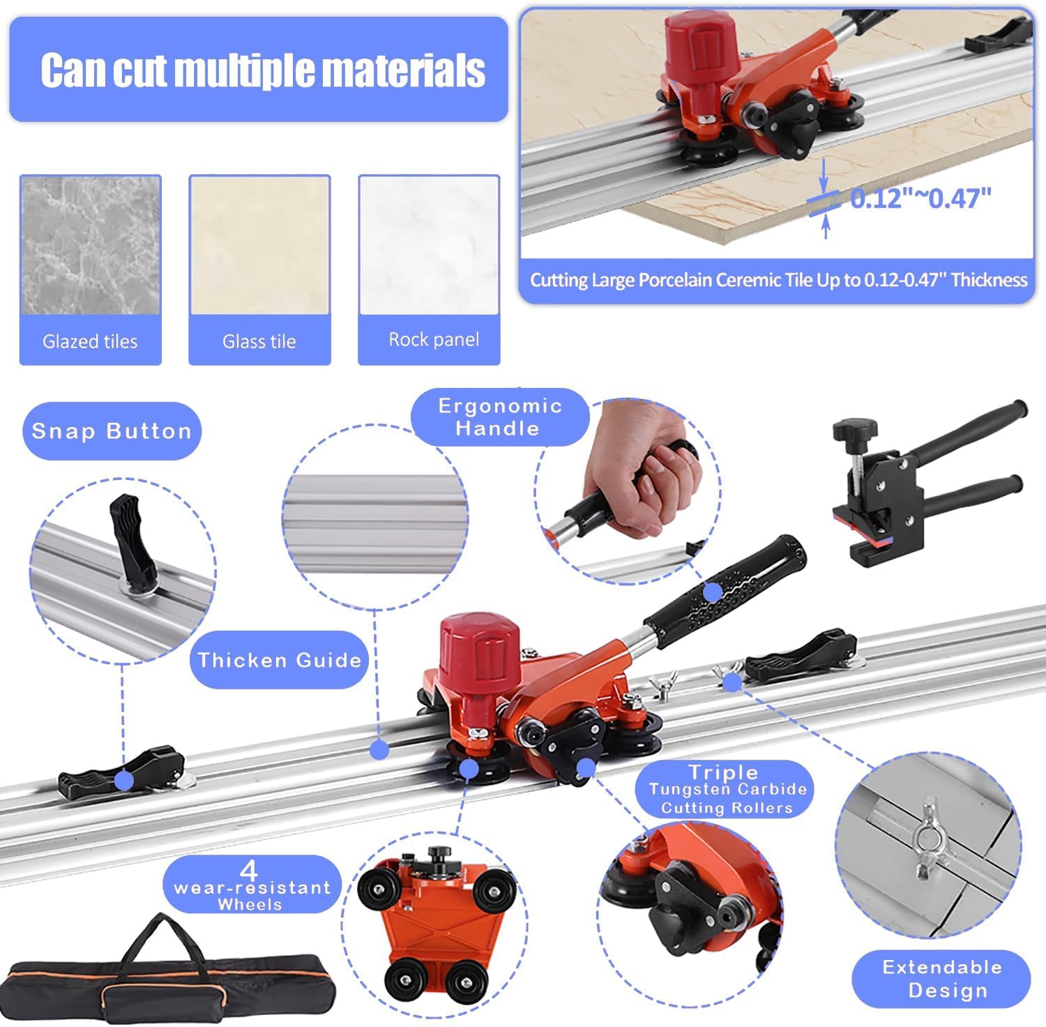 Large Format Tile Cutter, with Build-in Suction Cups Tile Push Knife Tile Plier, Manual Tile Cutter Ceramic Tile Cutter Porcelain Tile Cutter for Cutting 3mm to 12mm Thic (3.8m)
