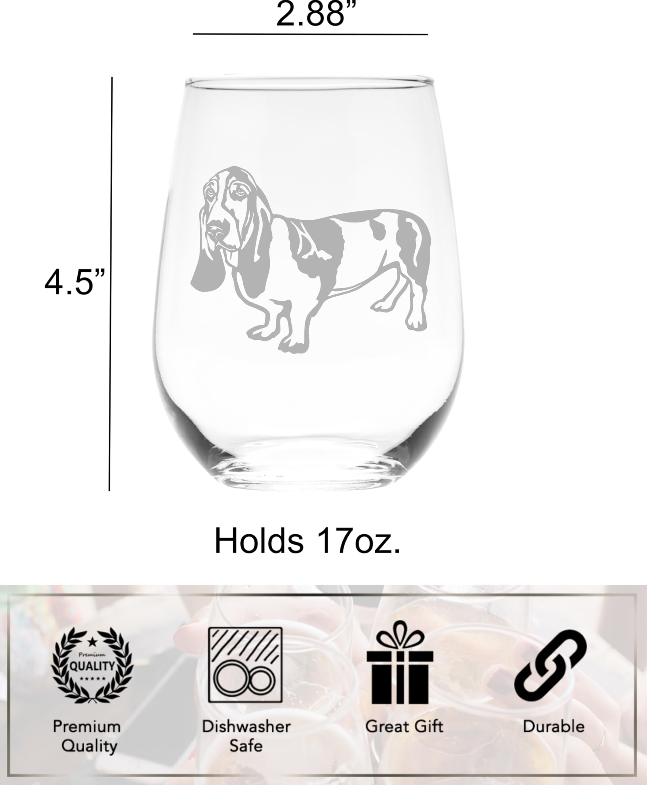 C M Basset Hound Dog Themed Stemless Wine Glass 17 oz. - 1 Piece - Basset Hound Gift for Men and Women (Style B2)