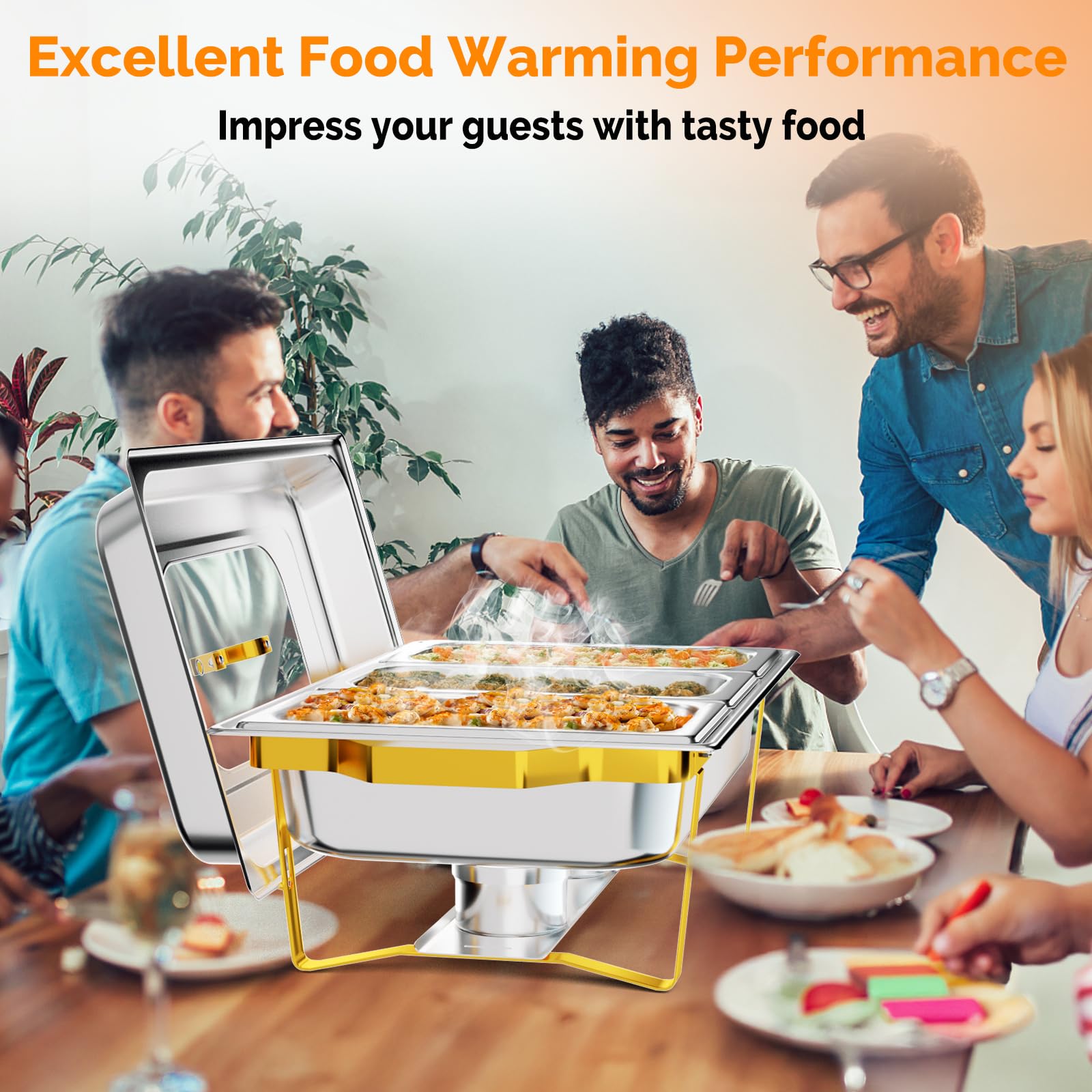 RoVSUN - Plato de Acero Inoxidable para Servir Comida, 8 Cuartos de galón, Calentador de Alimentos para restaurantes, Estufa Rectangular para bufé con Marco Plegable para Fiestas