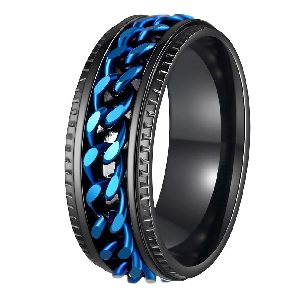 Udolfly Mens Fidget Rings Anxiety Rings for Men Womens Chain Spinner Rings for Adults Titanium Steel Ring Black Blue Size 6