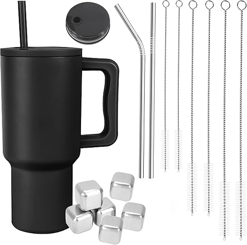 Eventici - Vaso de 40 onzas con asa y tapa para pajilla, botella de agua de acero inoxidable con aislamiento al vacío de doble pared, taza de viaje