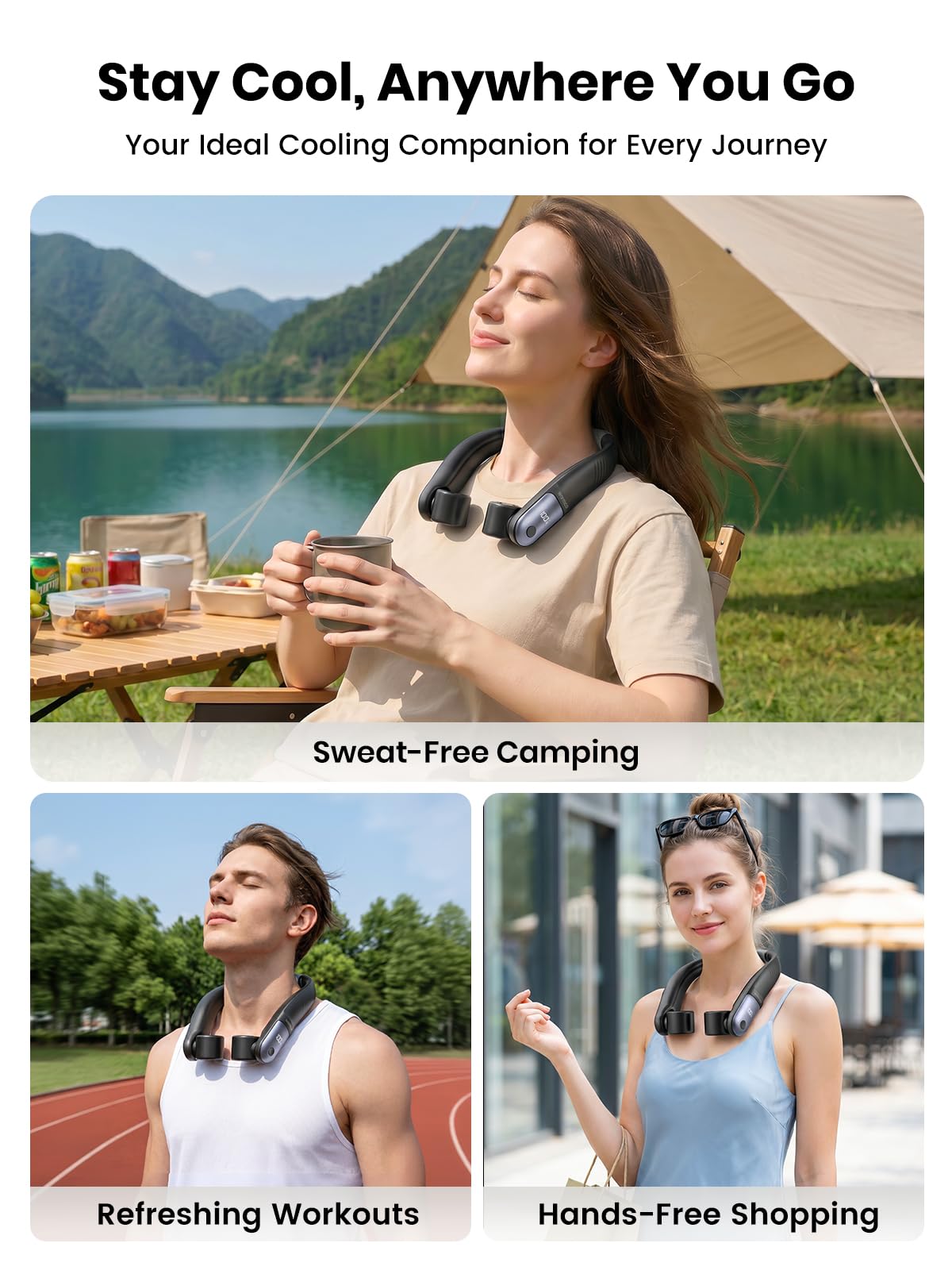 Warmco Ventilador de cuello de 10000 mAh, batería de 30 horas, ventilador portátil de 4 velocidades, doble flujo de aire de 60°, manos libres, para camping, gimnasio, viajes y al aire libre