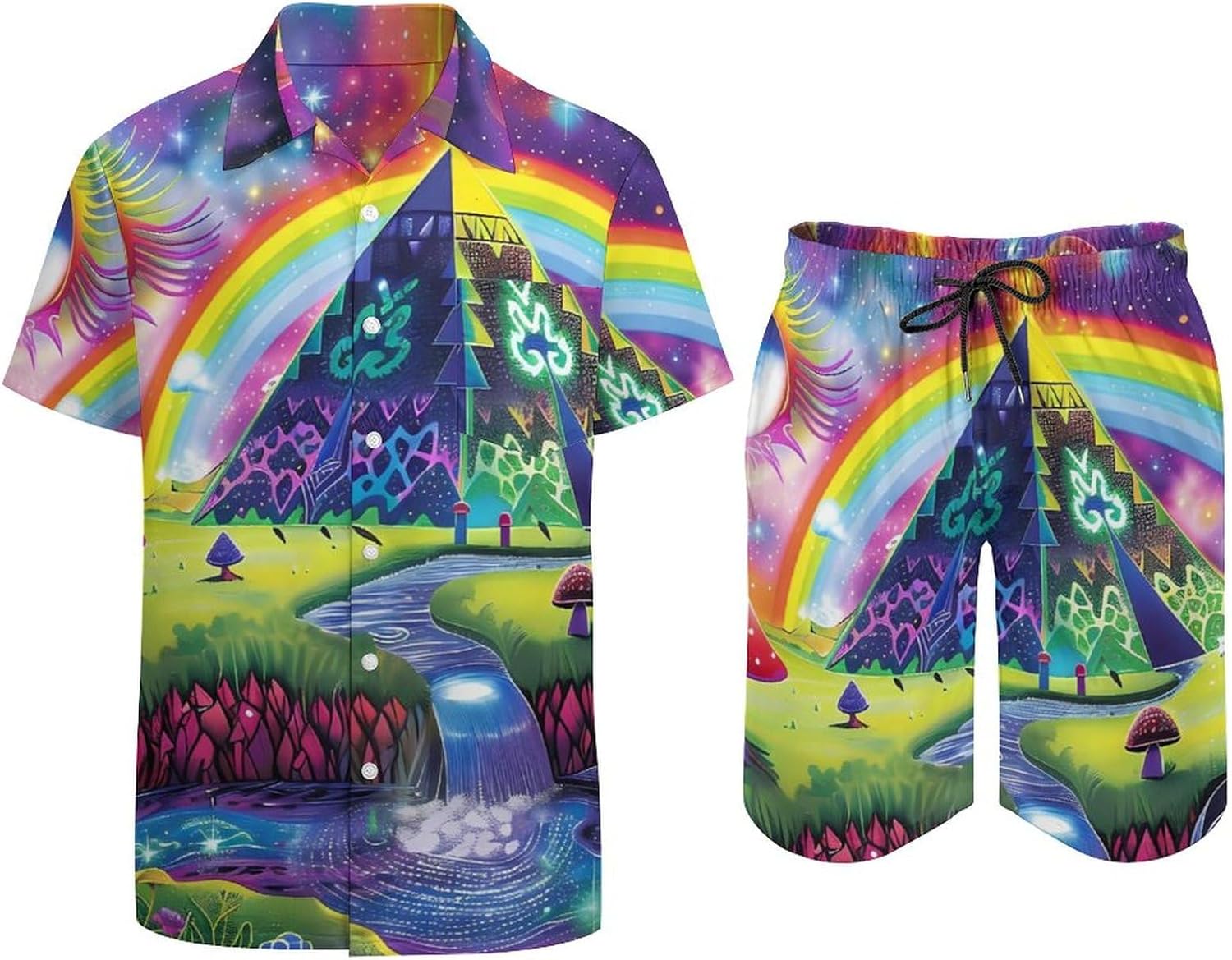 Magic Evil Eyes Mushroom Egyptian Pyramid Men's Summer Beach Outfits Shirt And Shorts Set 2 Piece Vacation Swimwear