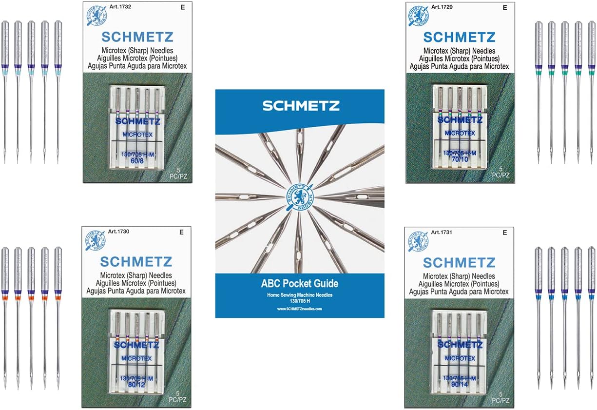 SCHMETZ Microtex Sewing Machine Needle Combo Pack (20 Needles Total and 1 SCHMETZ ABC Pocket Guide)