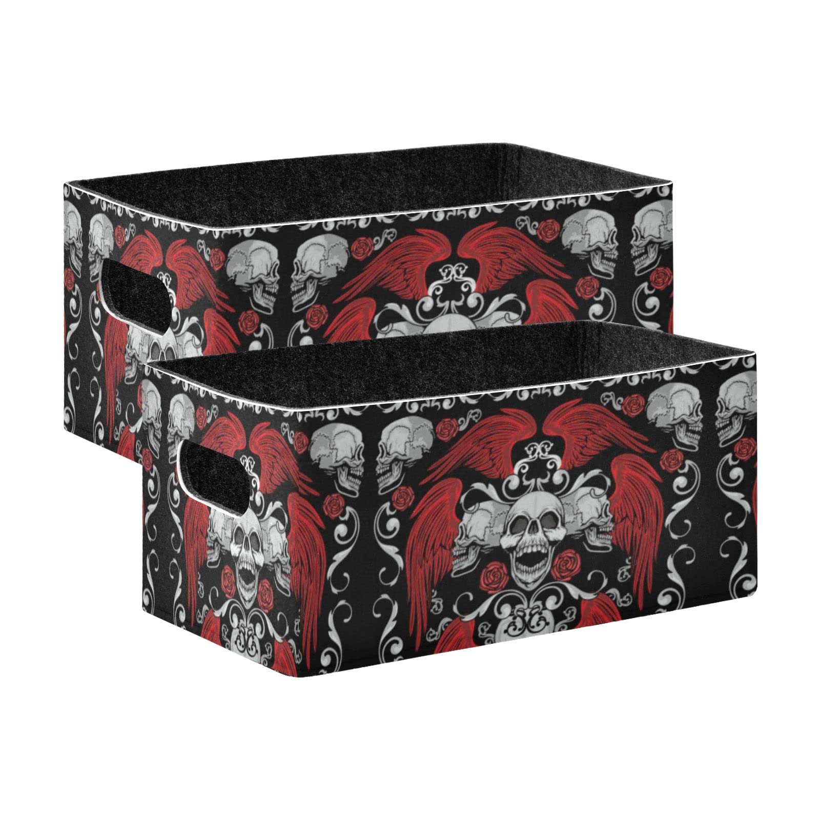 Vintage Gothic Coat of Red Arms Rose Wings Skulls Bones 2 PCs Collapsible Felt Cloth Storage Box, Rectangular Desk Organizer Basket Bin, Detachable Laundry Hamper Counter Holder Box