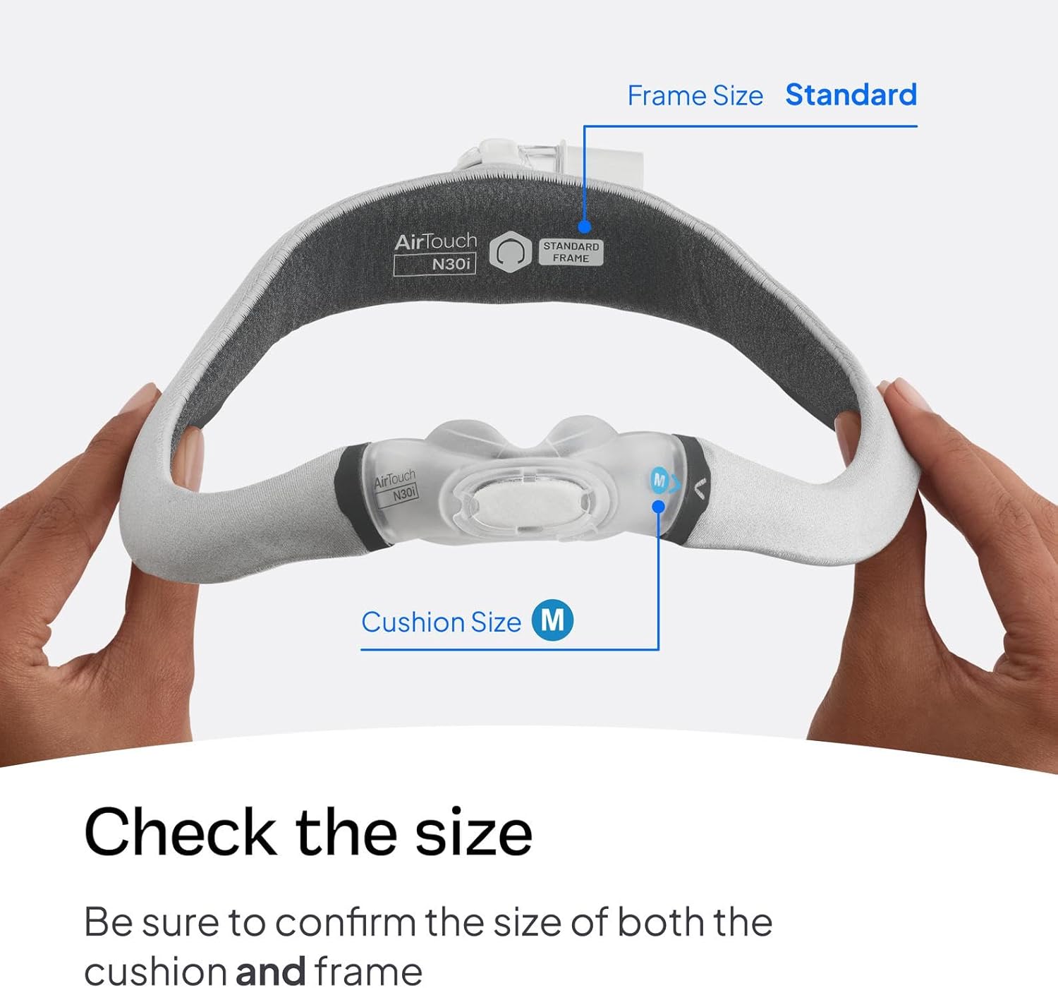 eksploderede view of ResMed AirTouch N30i components including frame, cushion, and quick-release elbow