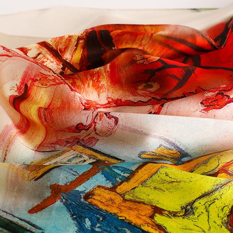 MEISEE 100% Mulberry Silk Long Scarf for Women Large Oblong Sunscreen Shawls Wraps Neck Headscarf Hair Wraps with Gift Packed (23-Red + Beige Oil Painting) - Image 3