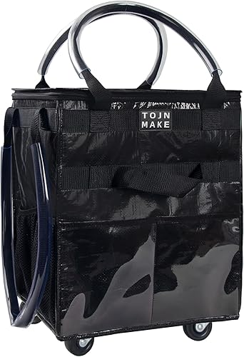 Miniatura 23 de Bolsa de comestibles reutilizable con ruedas, carrito de compras, bolsa con ruedas con 8 bolsillos y cubierta con cremallera, plegable, asas