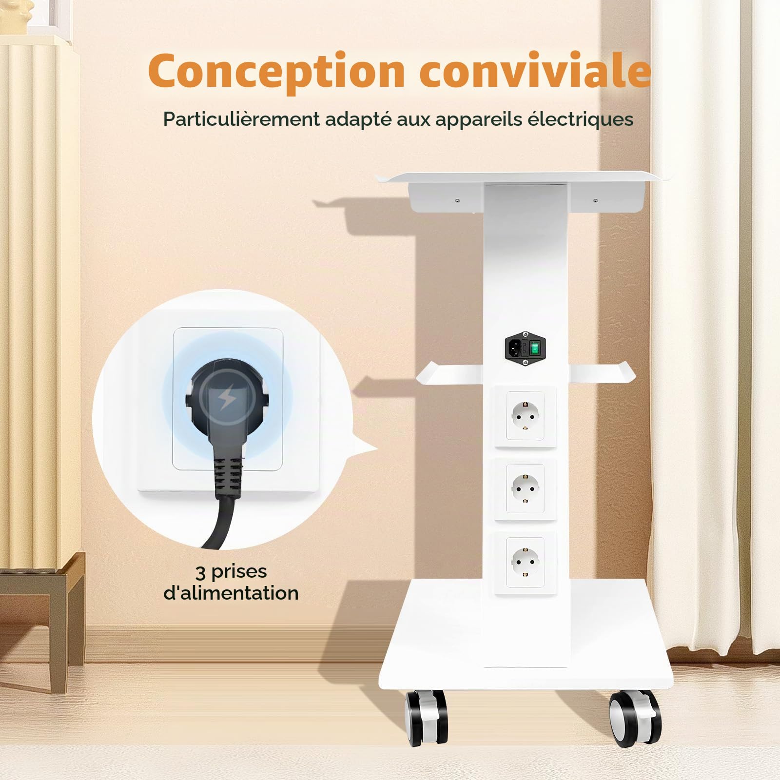 Chariot à outils médicaux - Chariot pour appareils dentaires - Chariot portable avec prise de courant confortable - Chariot de clinique à roulettes avec plateau pour instruments