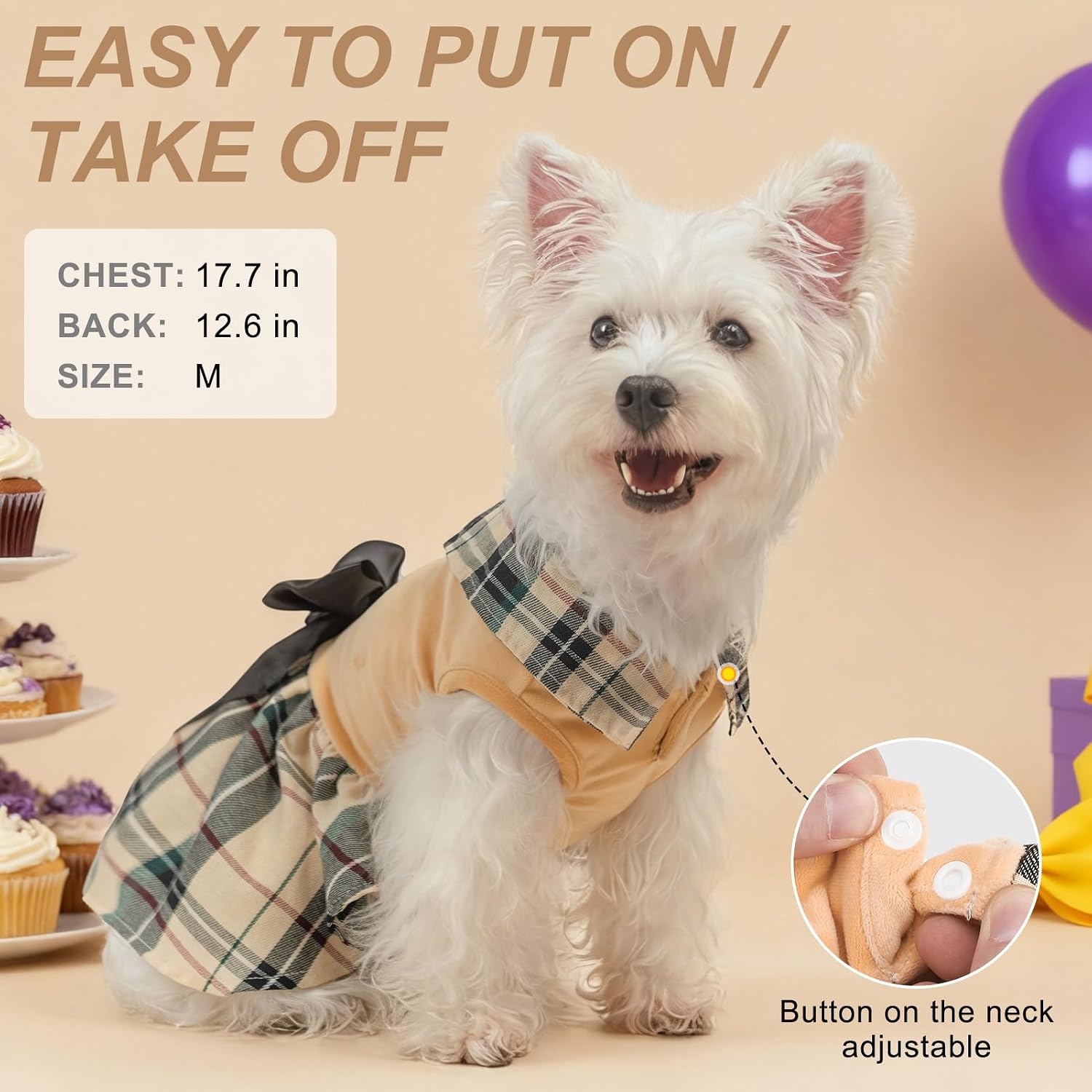 BEAUTYZOO Plaid Velvet Dog Dress with Bow, Small Girl Dog Clothes, S Beige | Cute Girl Dress Sleeveless, Soft Stretch, Easy Snap Closure,Holiday Puppy Dresses for Christmas,Birthday,Party Tiny Dogs Cats