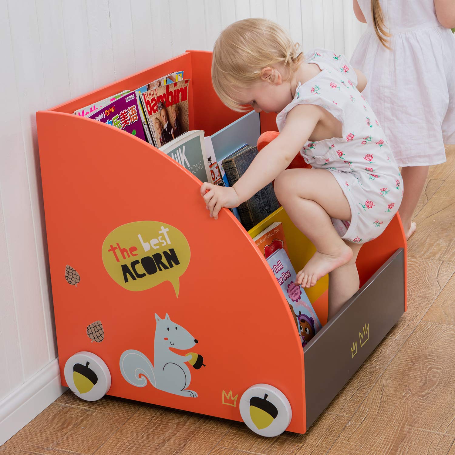 labebe Kid Bookshelf with Wheels, Orange Pine Wood Bookshelf for Kid 1