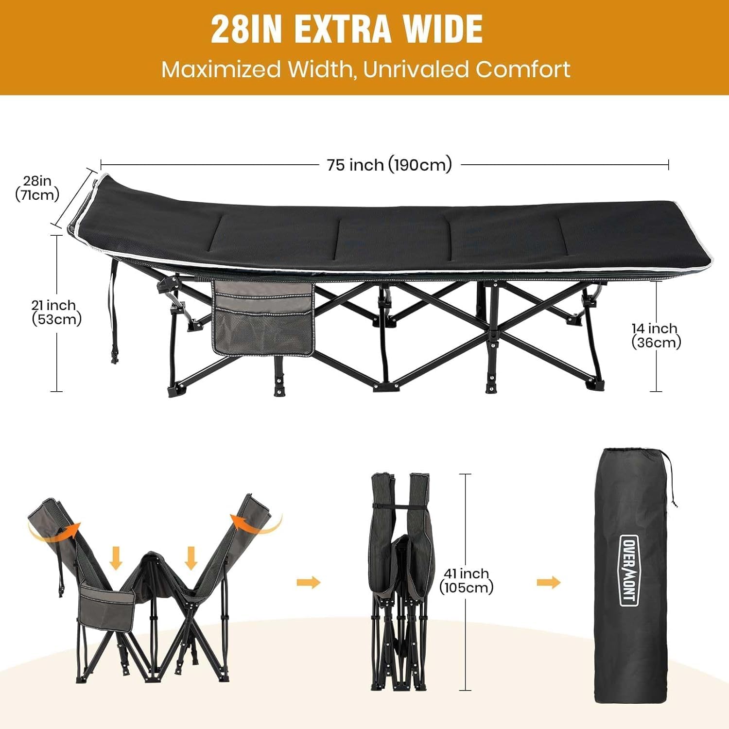 Sieste Bureau Jardin Plage OVERMONT Lit De Camp Pliable Avec Matelas - Structure X 250kg, Toile Oxford 2400D, Sac Transport - Bleu Lit Pliant Transportable