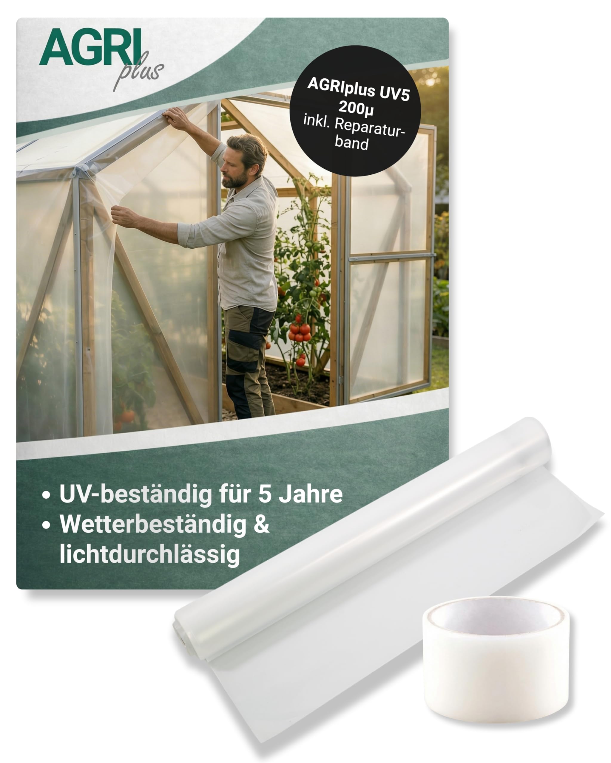 AGRIplus Gewächshausfolie inkl. Reparaturband I 3,2 x 5 m I Verschiedene Größen I UV-beständige, wetterfeste & reißfeste Gartenfolie I 200 µ Starke Abdeckfolie für Gewächshaus & Outdoor-Einsatz