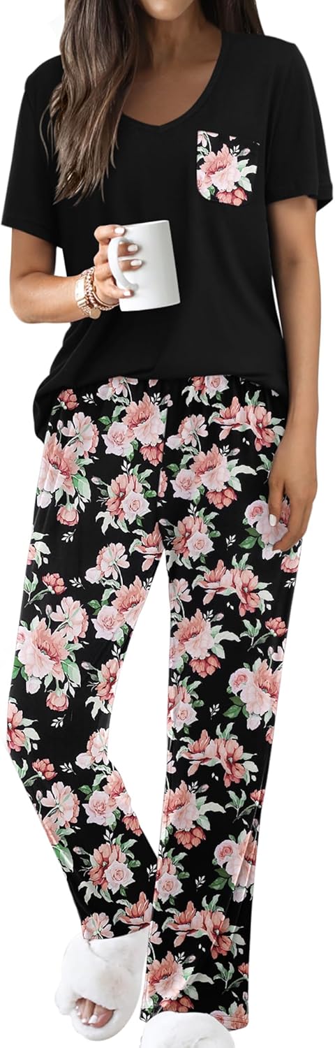 Ekouaer Pajama Sets for Women Short Sleeve Pj Set V Neck Sleepwear Chest Pocket with Long Pants Casual Loose Loungewear
