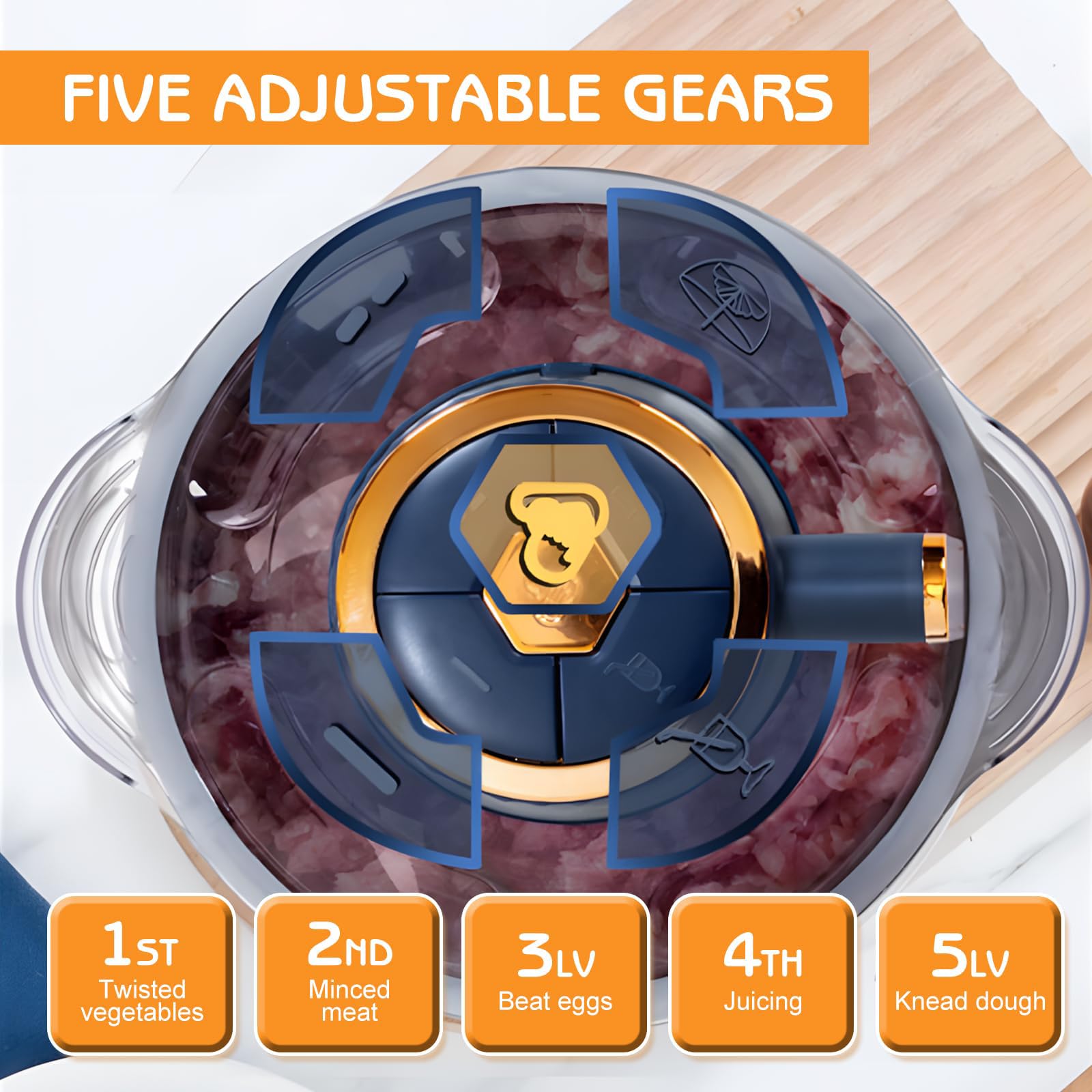 Tritatutto elettrico con ciotola in acciaio inox da 5 l e 2 lame girevoli a 6 lati, tritacarne elettrico da 500 W, 5 velocità, tritacarne universale, grande tritatutto per carne, frutta, verdura