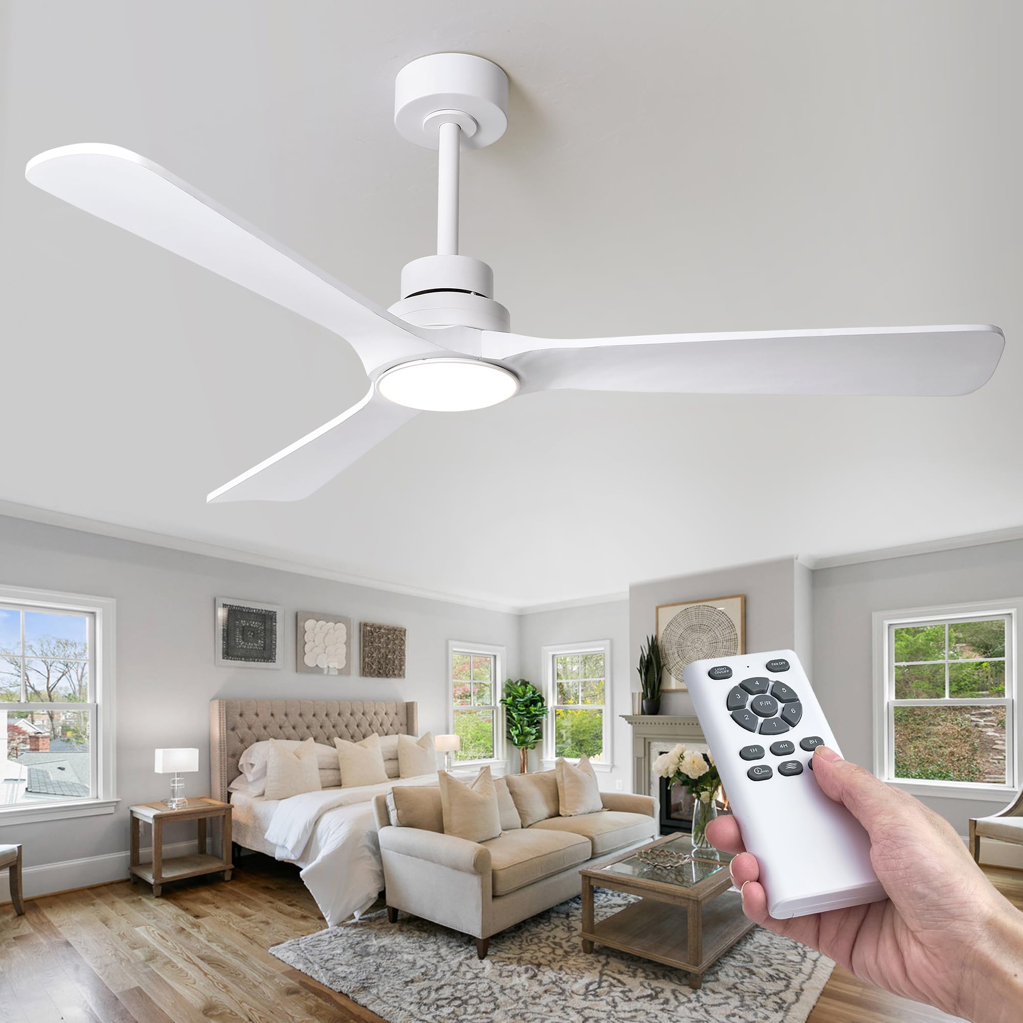 52 Inch White Ceiling Fan With Light - Quiet DC Motor, Remote Control, 3 Blades For Bedroom & Living Room