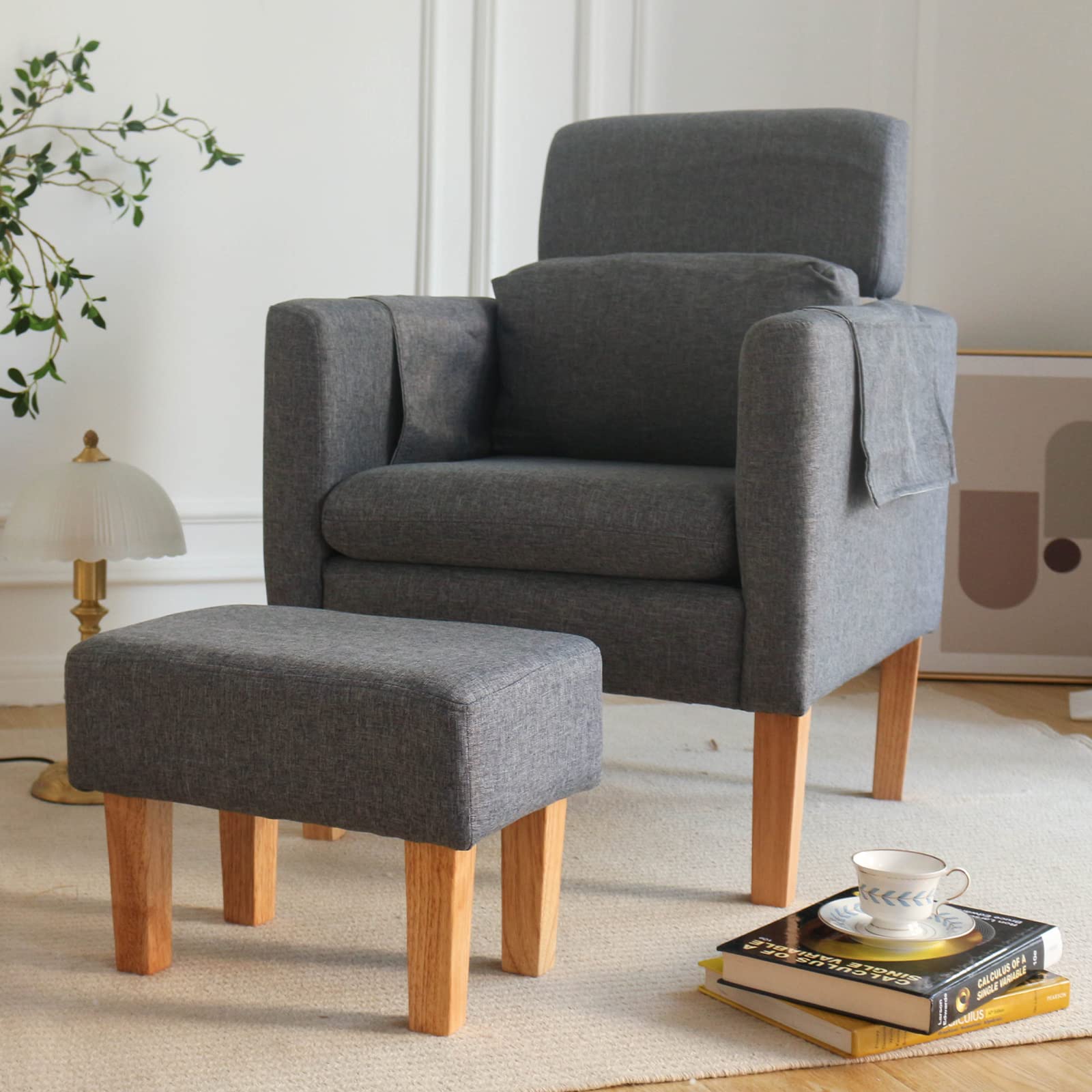 TAKUKA Modern Accent Chair with Ottoman Set，Comfy Fabric Armchair with Footrest, Upholstered Chair with Side Pocket, Soft Reading Lounge Chair for