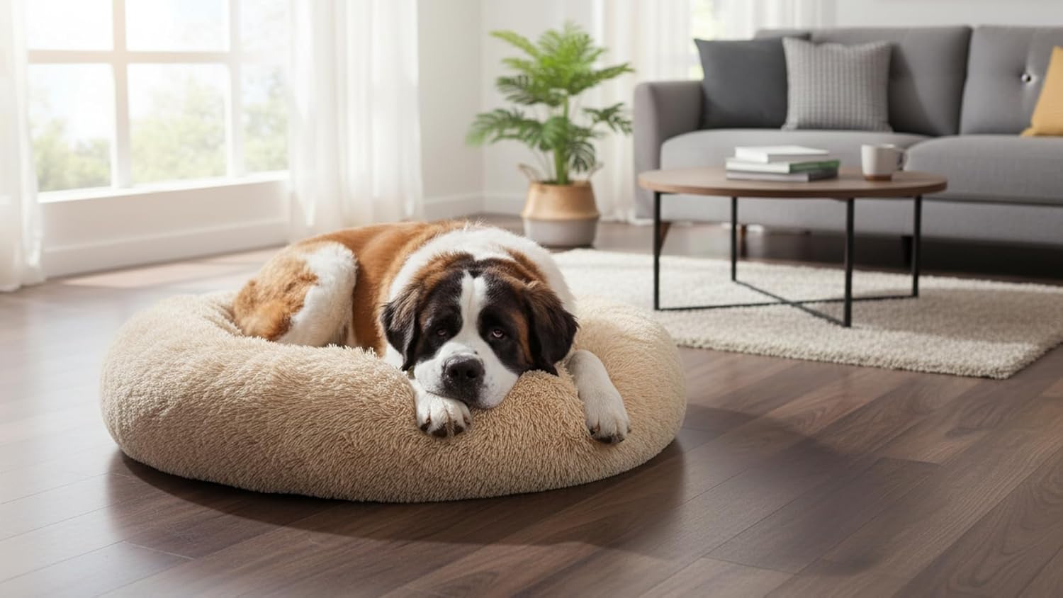 The Dog’s Bed Calming Donut Dog Bed, Plush Faux Fur Round Cuddler Nest, Removable Washable Zip Cover – XXL (54"), Beige