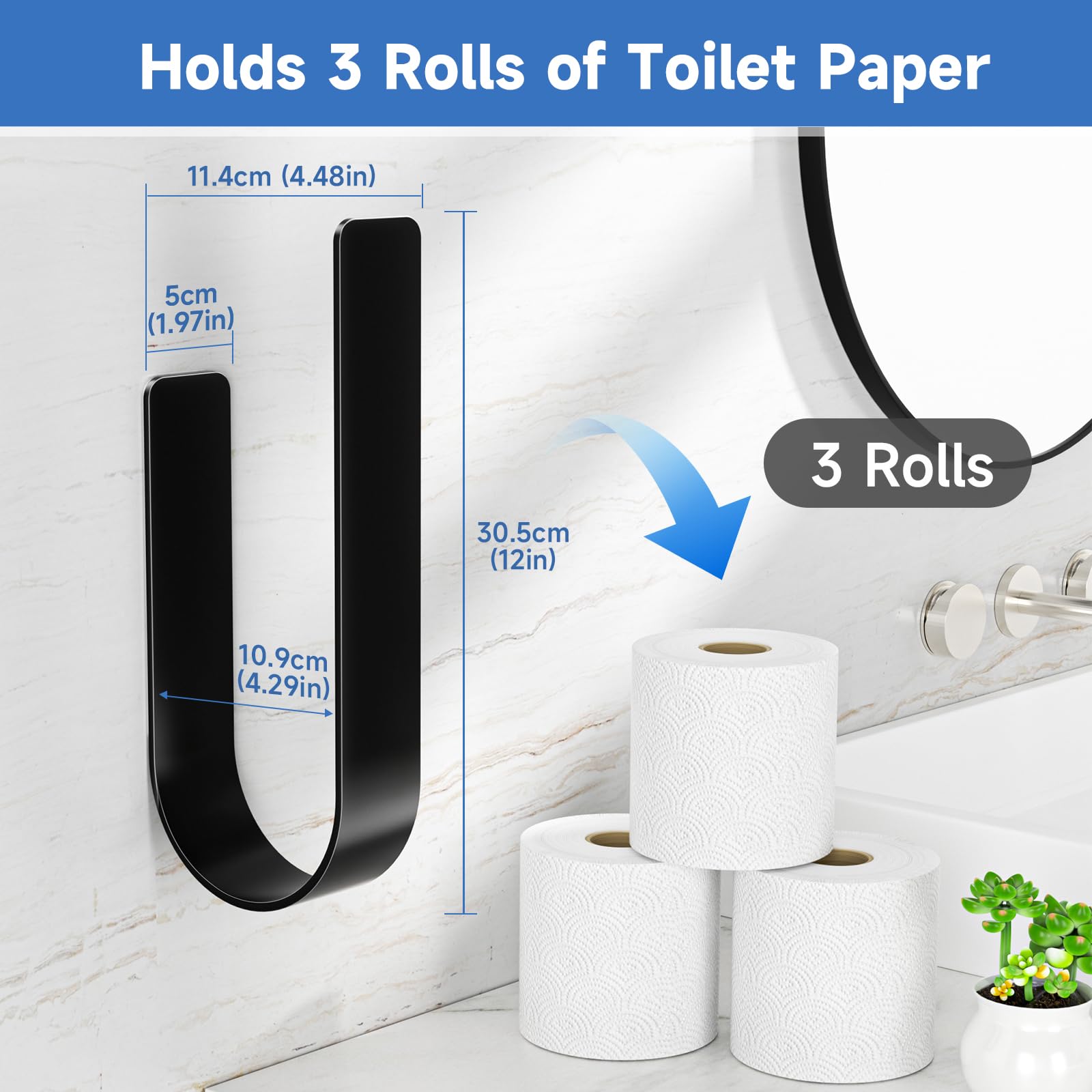 Soporte de pared para almacenamiento de papel higiénico, soporte de almacenamiento de papel higiénico adicional para 3 rollos, soporte de rollo de metal adhesivo para caravana, baño, negro 4