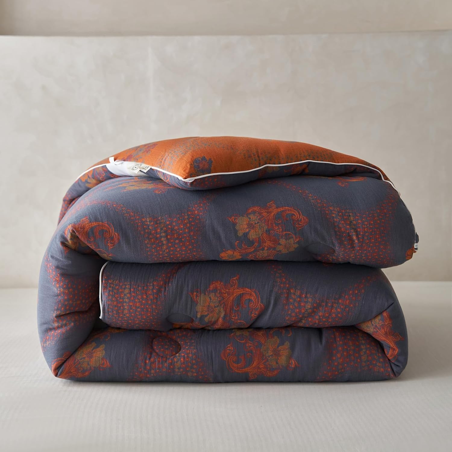 mixinni Vintage Floral Comforter Set King Size, All Seasons Muslin Cotton Bedding Set, 3 Pieces Farmhouse Shabby Chic Jacquard Floral Comforter Set Perfect for Women and Men-Grayish Blue/Pumpkin - Image 7