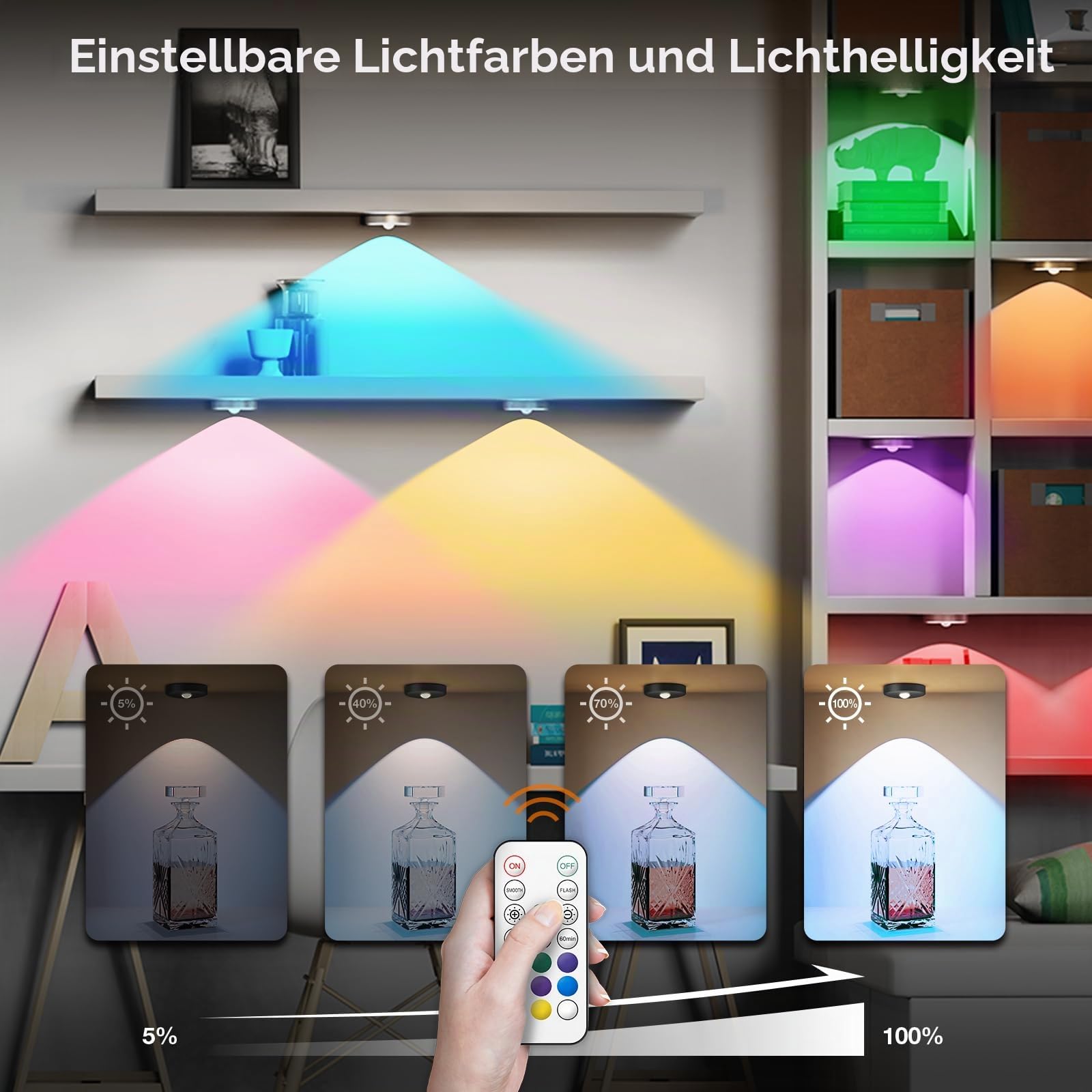 RGB LED Vitrinenbeleuchtung Kabellos mit Fernbedienung, Silber, 5 Stück