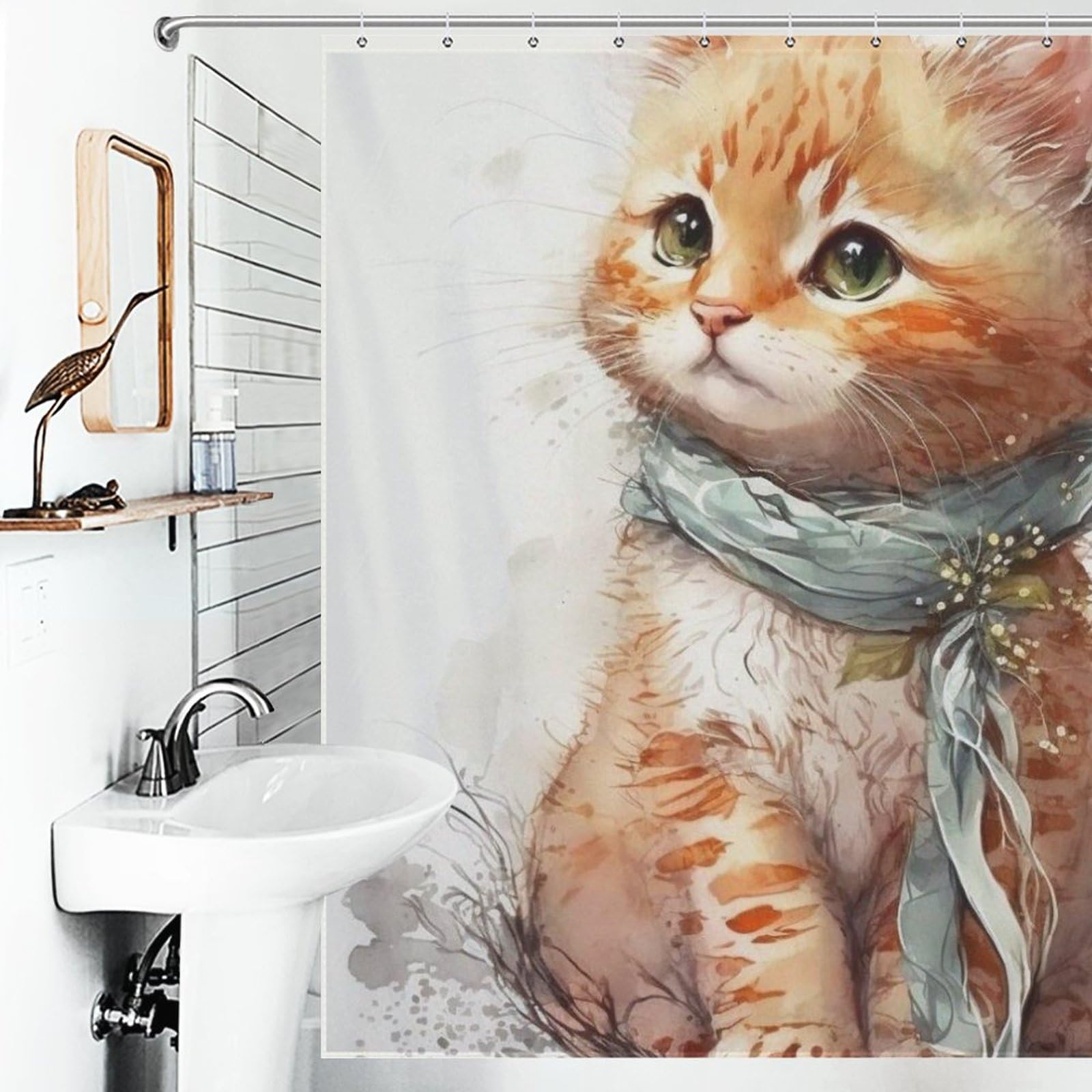 Amazon｜シャワーカーテン 防水 スカーフをかぶった子猫 バスカーテン