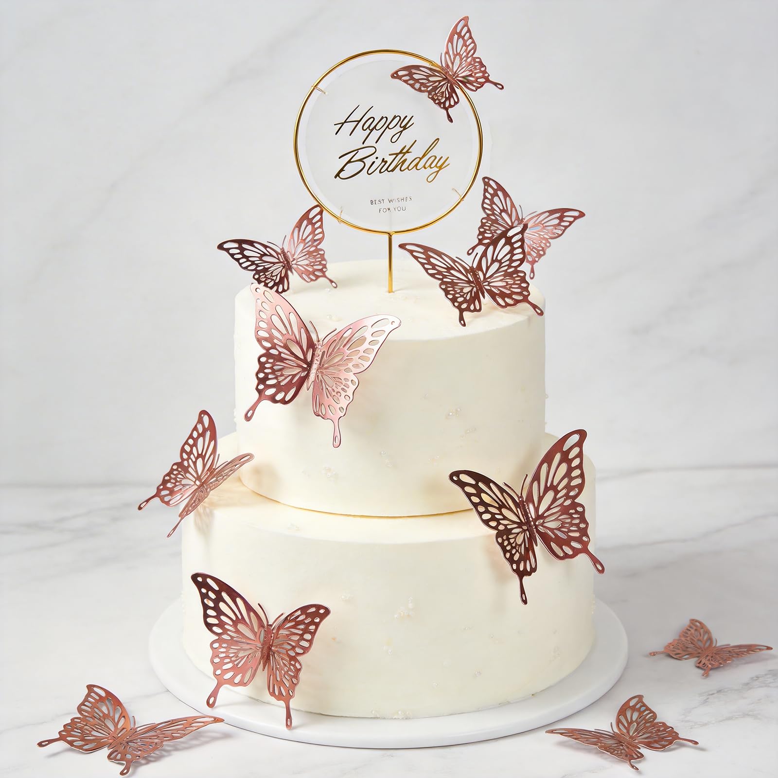 Rose Gold 3D Butterfly Cake Decorations for Women - Reusable Metallic Birthday Cake Toppers Set with Iron Sign (12PCS) - Elegant Party Decor