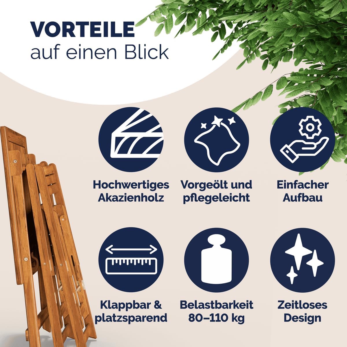 An infographic highlighting the benefits of the CASARIA furniture set, including high-quality acacia wood, pre-oiled and easy care, simple assembly, foldable and space-saving, load capacity, and timeless design.