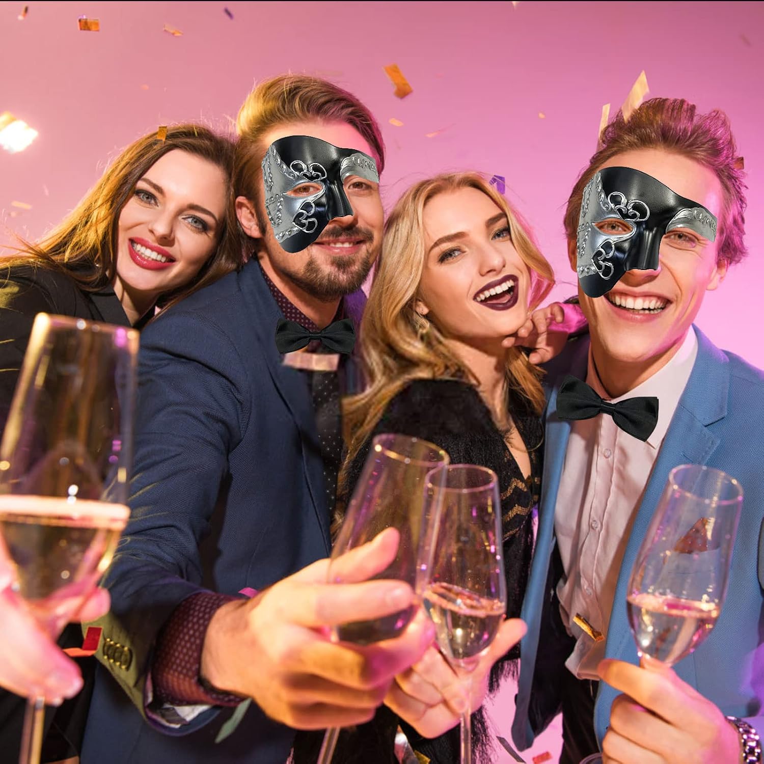 HyperFun Masquerade Mask for Men Phantom of the Opera Half Face Mask with Bowtie, Vintage Venetian Masks for Costume Parties
