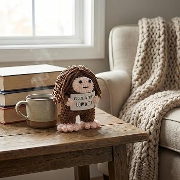 Handmade Crochet Bigfoot Figurine, Mini Sasquatch Desk Decor Collectible, Funny Introvert Bigfoot Cryptid Cabin Gift for Adults, Gift Bag Included (Social Battery Low)